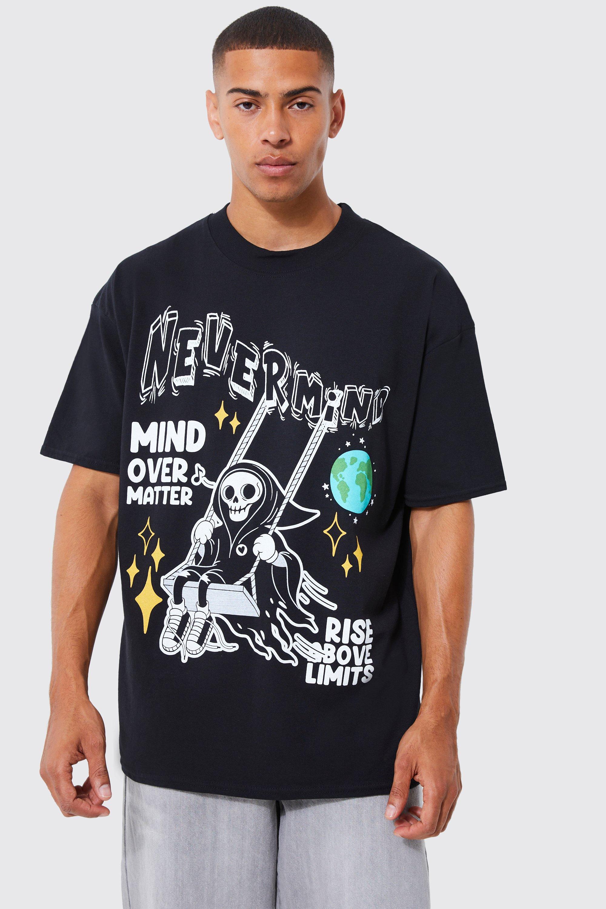 Mens Black Oversized Mind Over Matter Skeleton T-shirt, Black