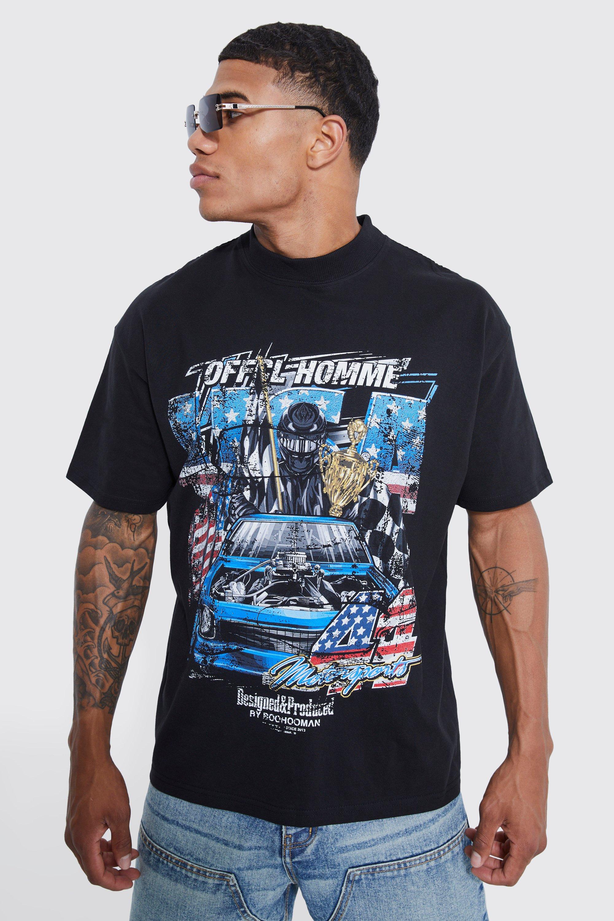 Mens Black Oversized Heavyweight Usa Moto Racer T-shirt, Black