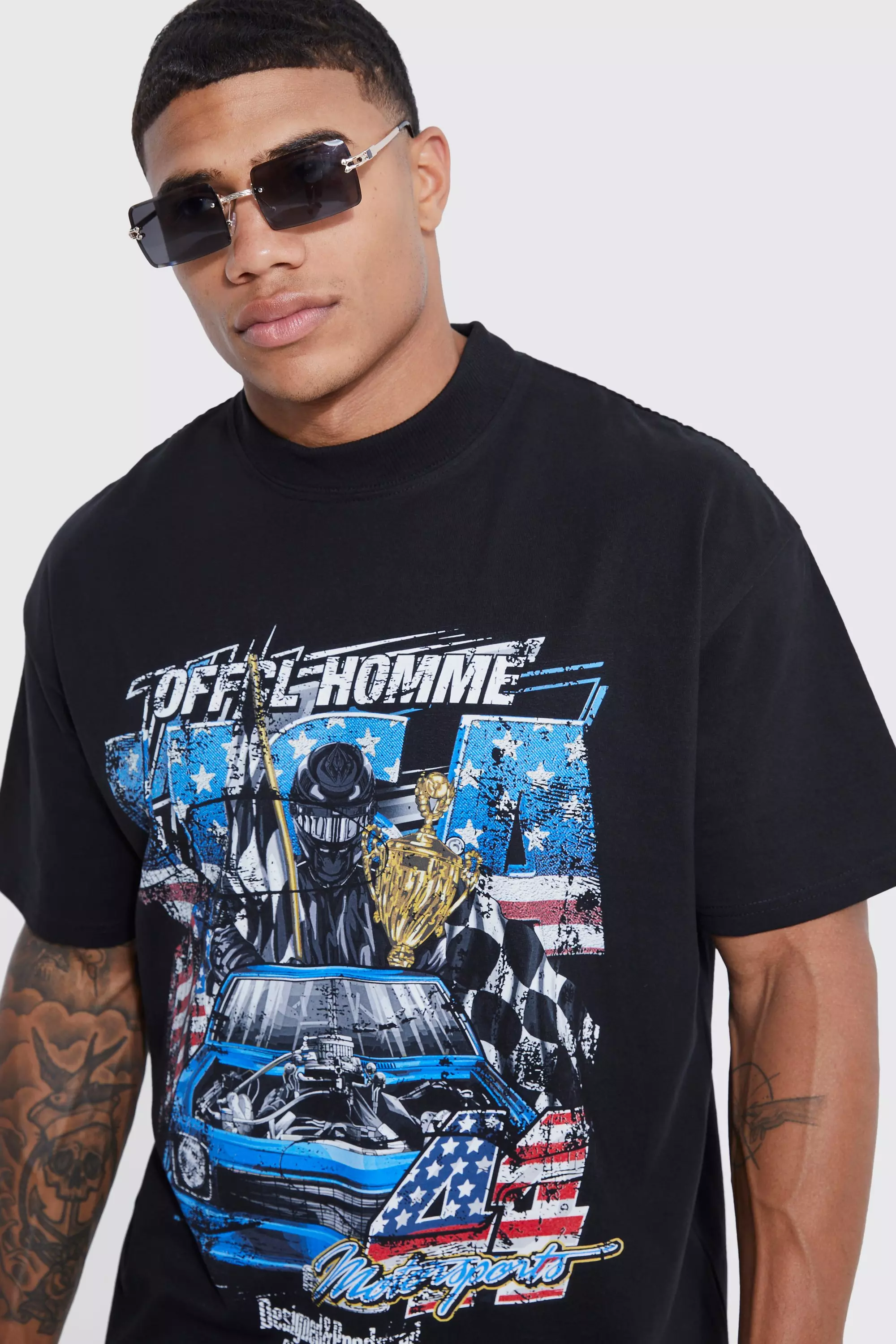 Oversized Heavyweight Usa Moto Racer T shirt boohooMAN USA