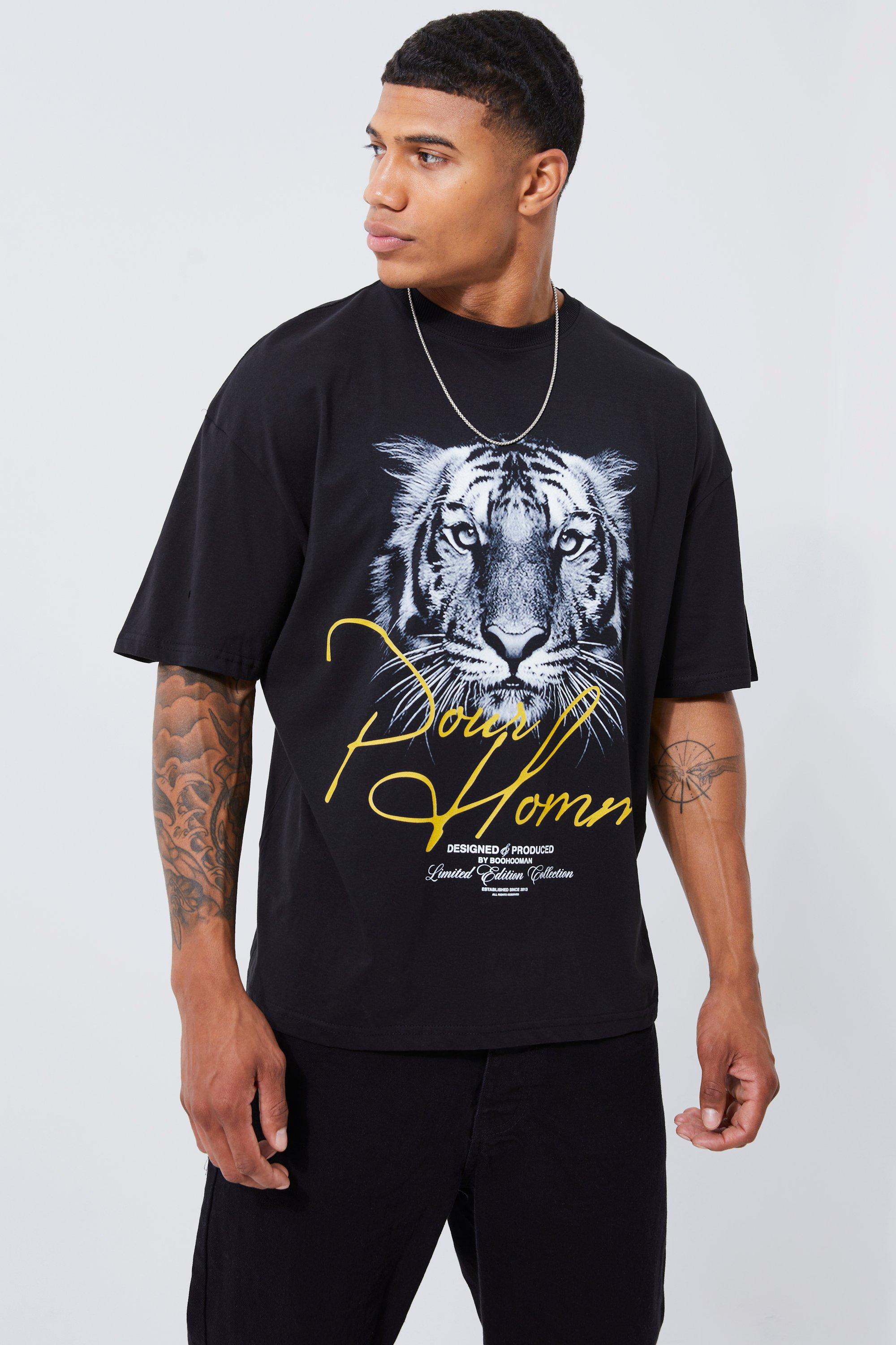 men's oversized pour homme tiger print t-shirt - black - l, black