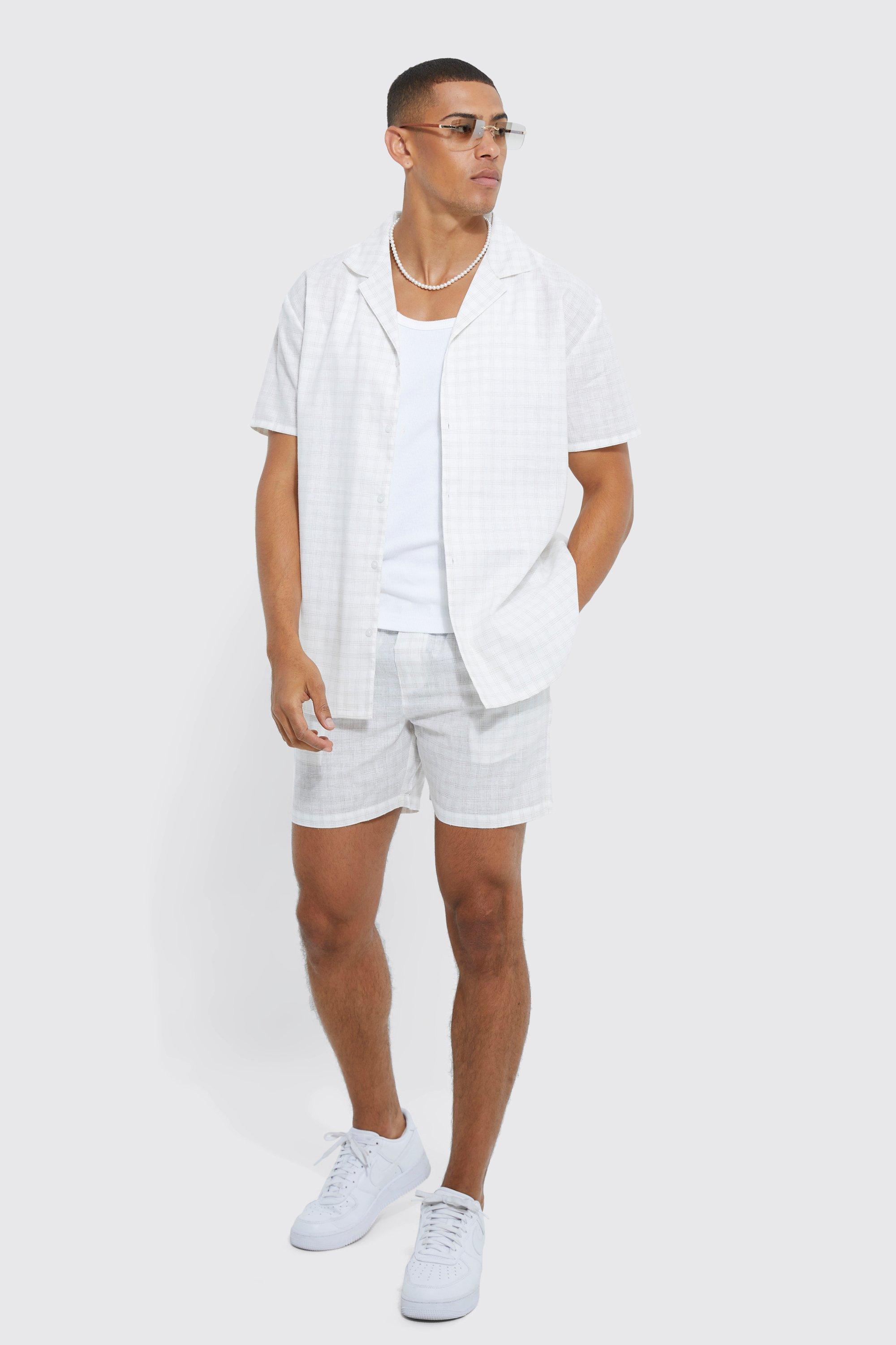 Mens Cream Short Sleeve Oversized Grid Check Shirt & Short, Cream
