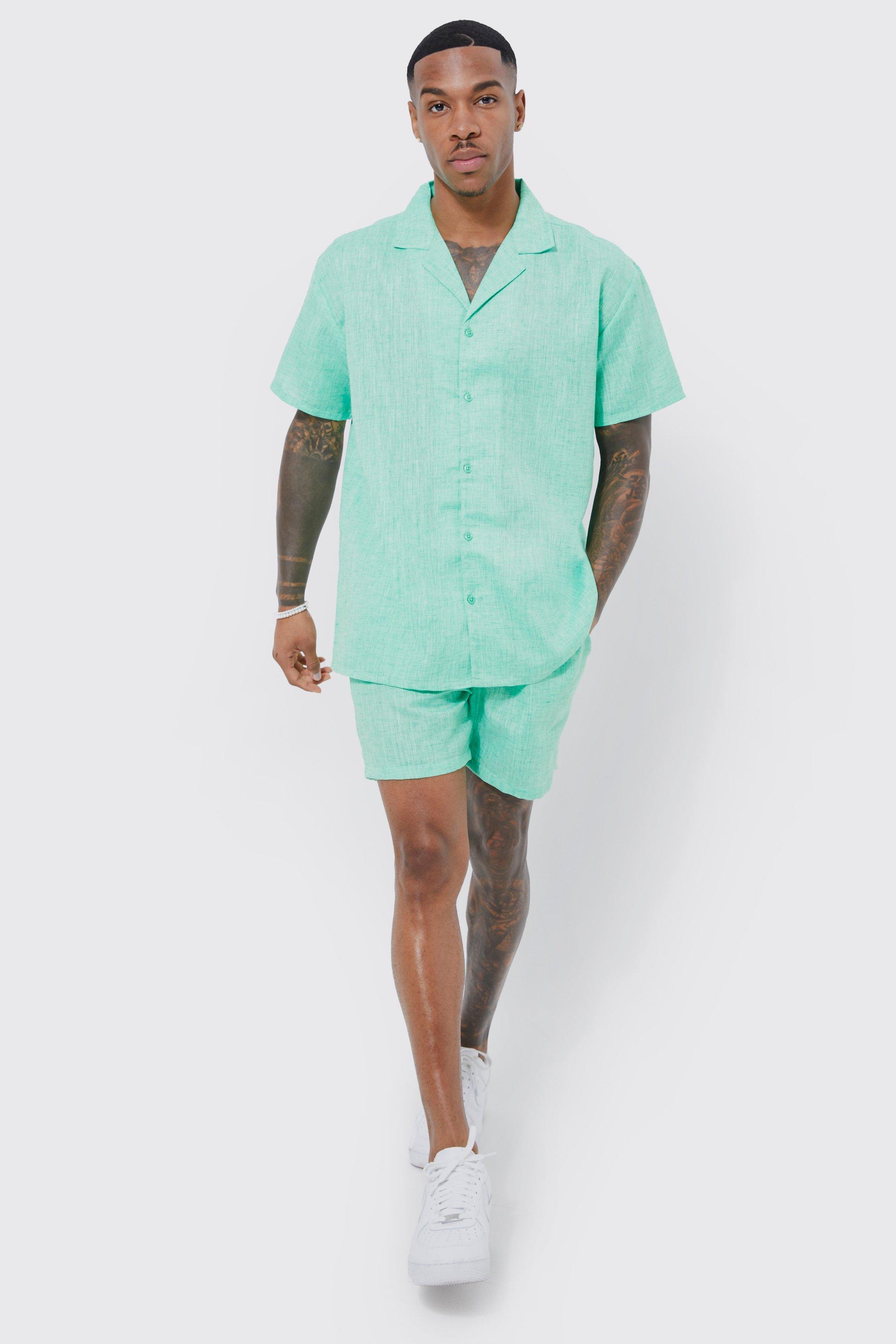 Mens Green Short Sleeve Oversized Linen Look Shirt And Short, Green