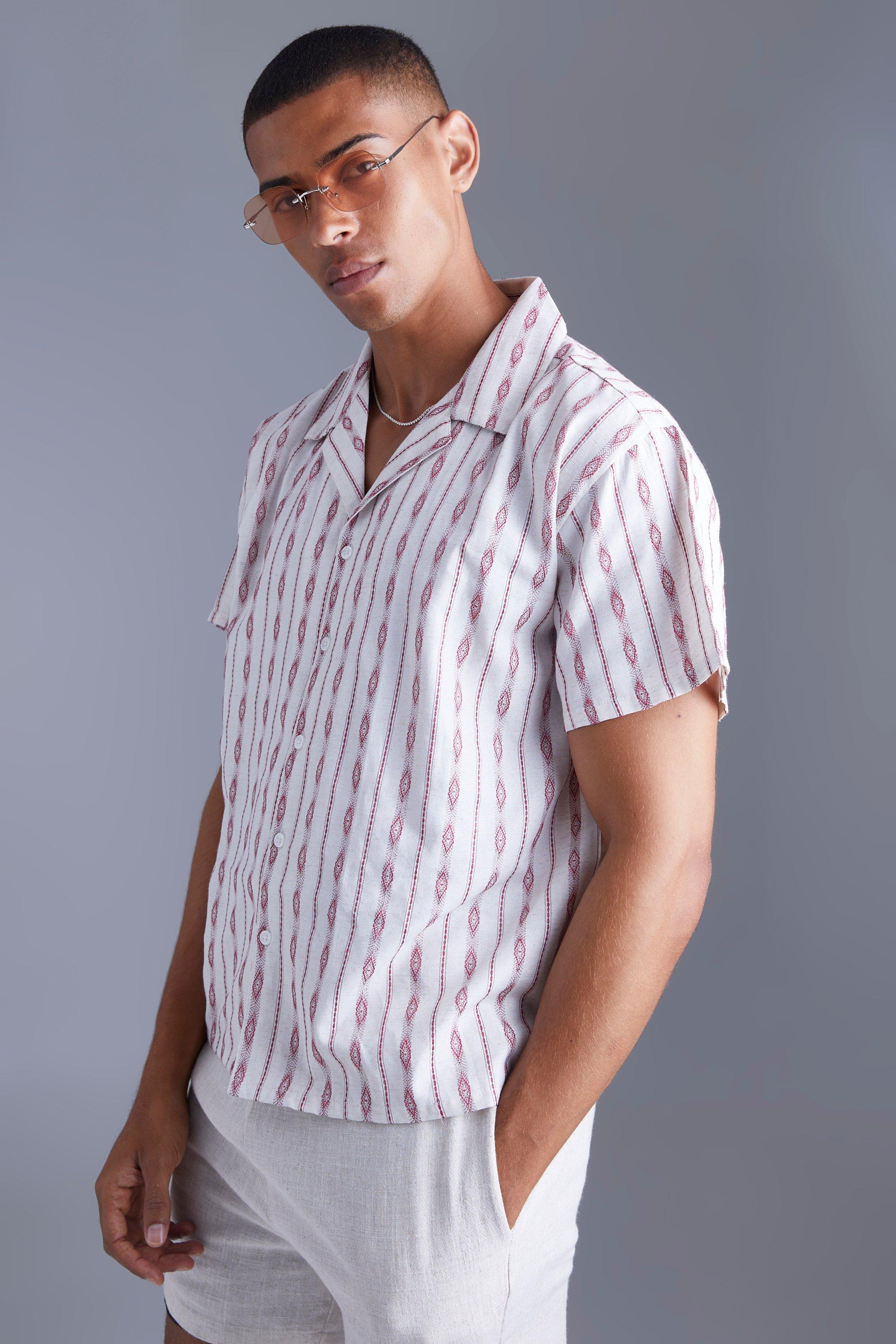 Mens Red Short Sleeve Boxy Aztec Shirt, Red
