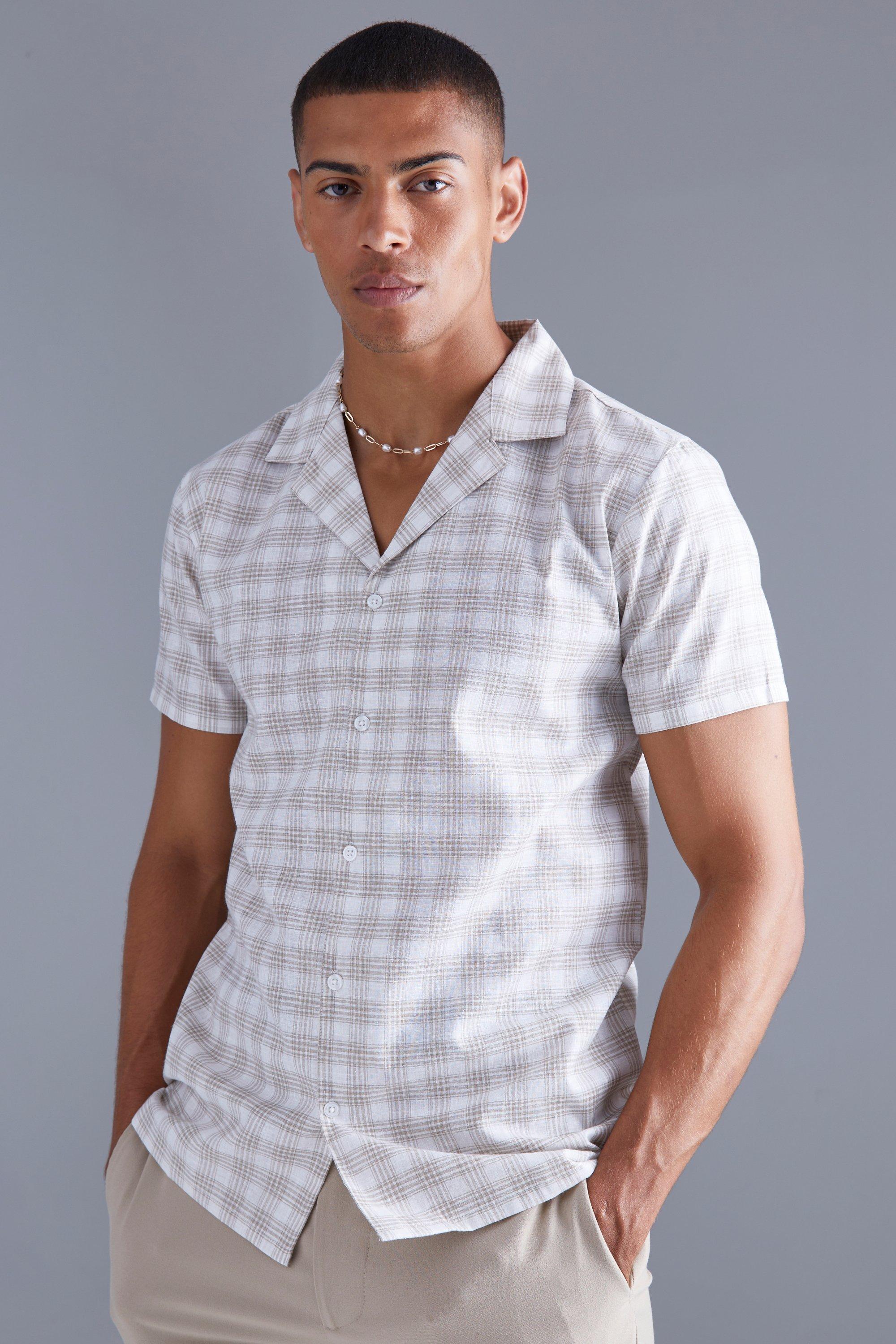 Mens Cream Short Sleeve Oversized Grid Check Shirt, Cream