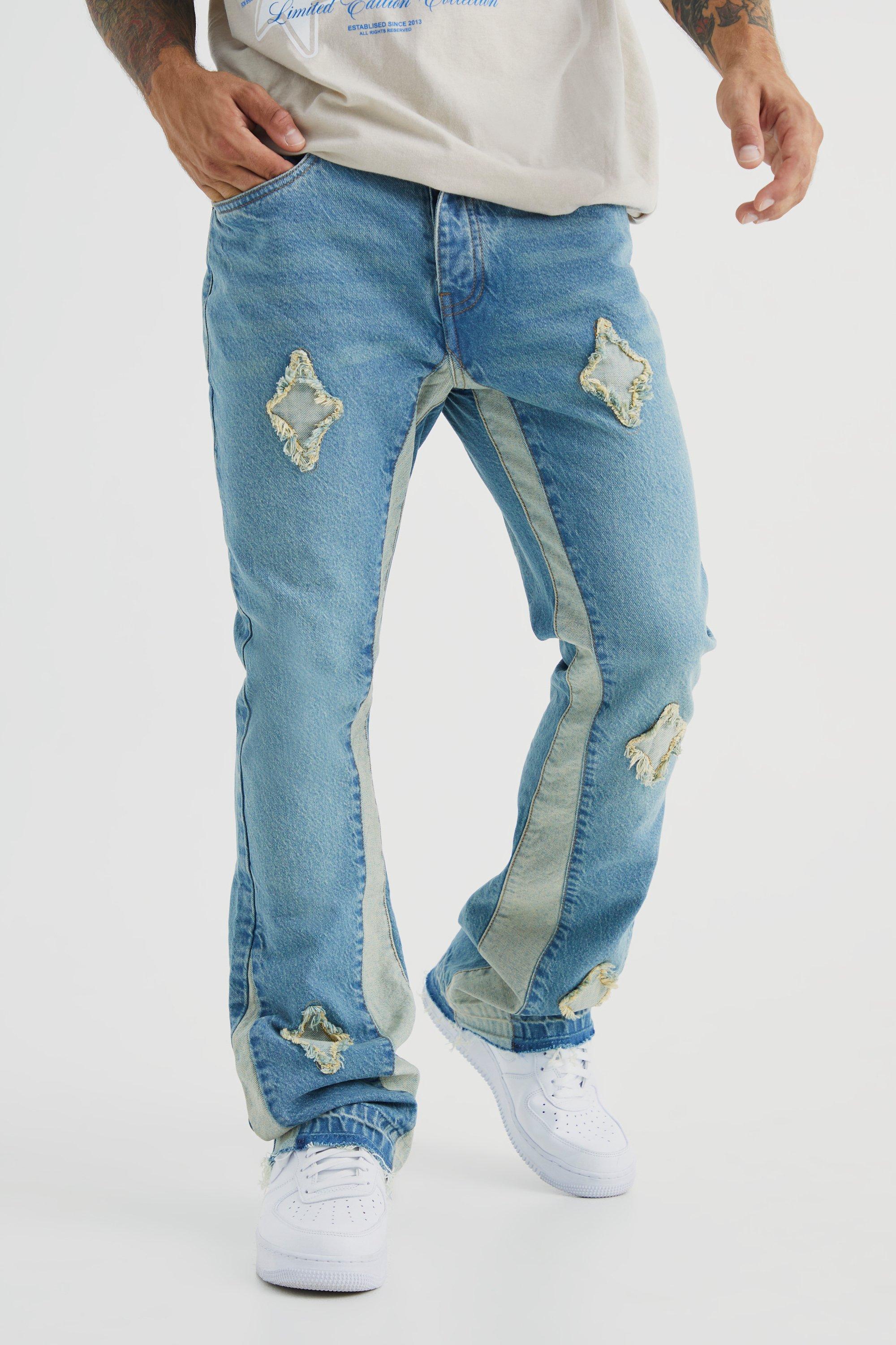 Image of Jeans a zampa Slim Fit in denim rigido con applique di pannelli, Azzurro