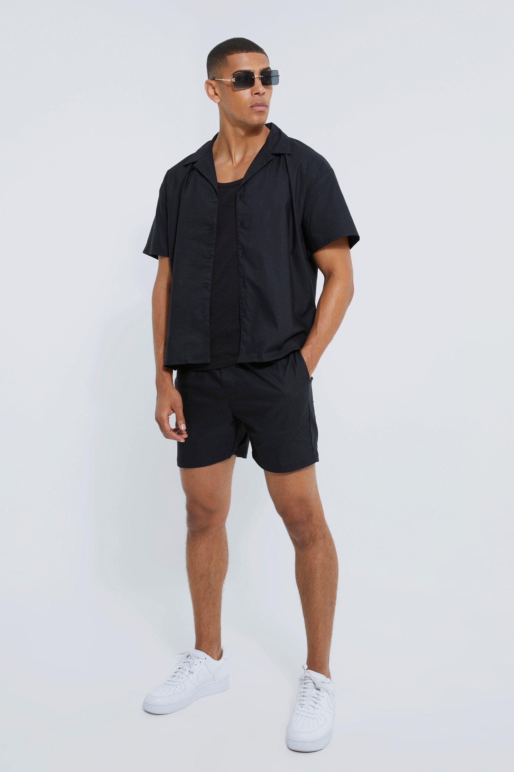 Mens Black Short Sleeve Boxy Tech Stretch Shirt And Short, Black