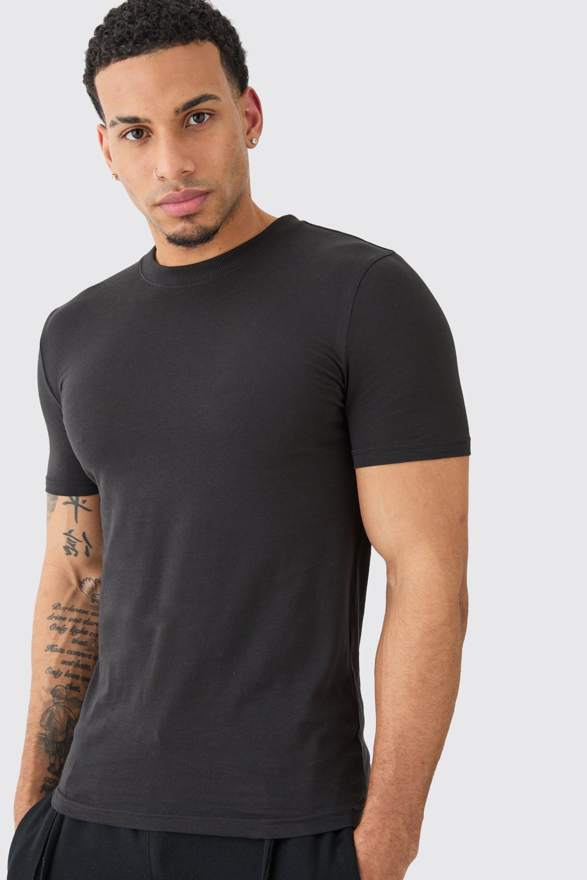 Mens Black Basic Muscle Fit Crew Neck T-shirt, Black