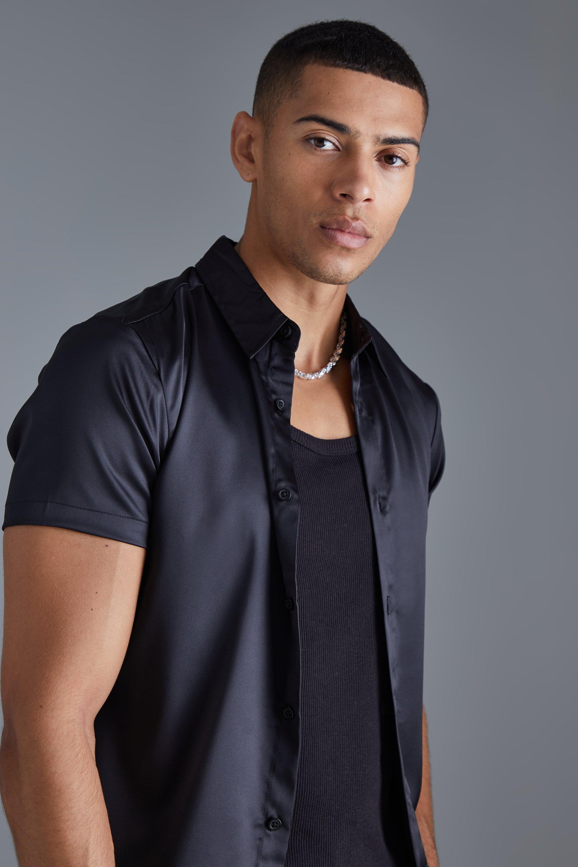 Mens Black Short Sleeve Muscle Fit Stretch Satin Shirt, Black