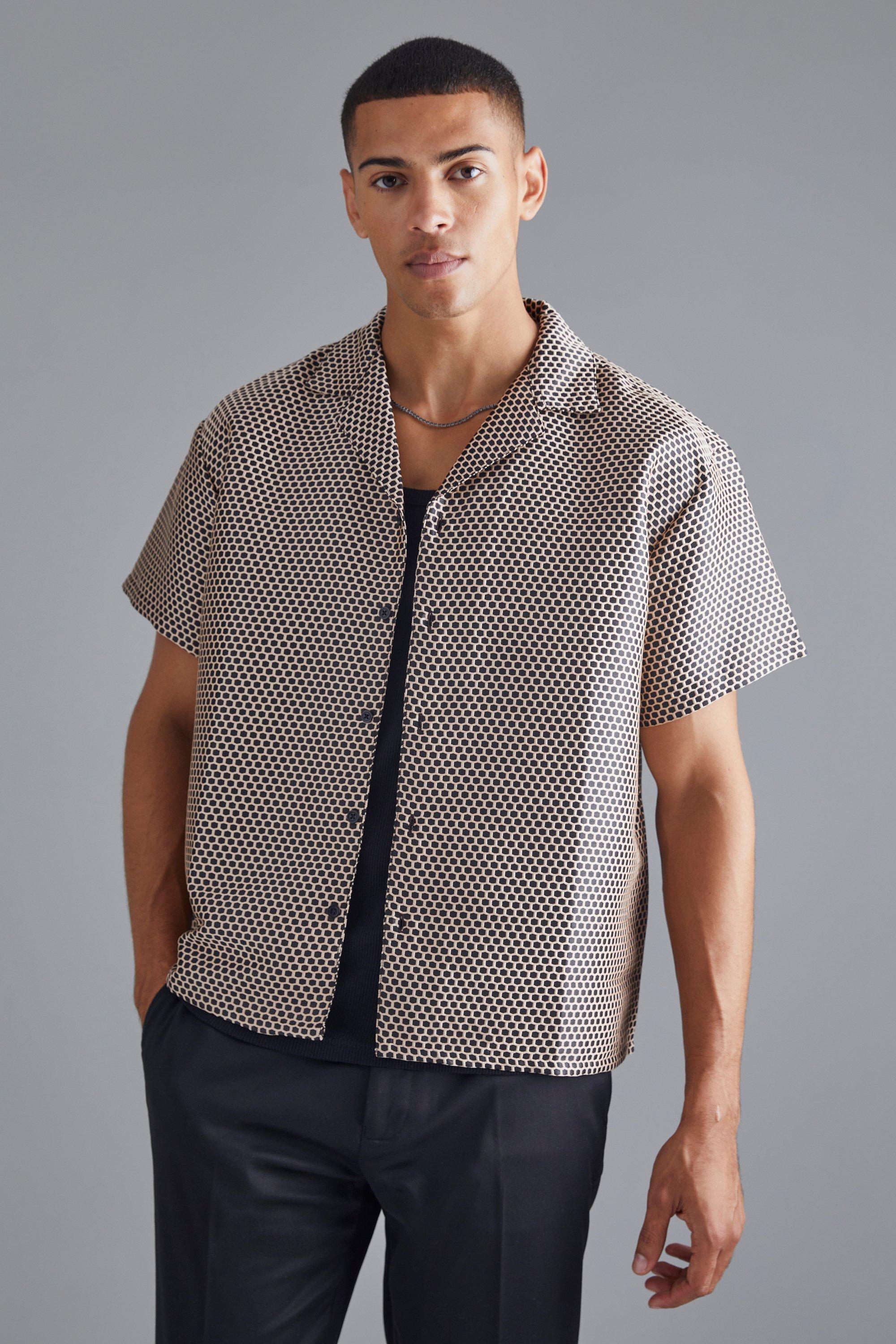 Mens Cream Short Sleeve Boxy Textured Perforated Shirt, Cream
