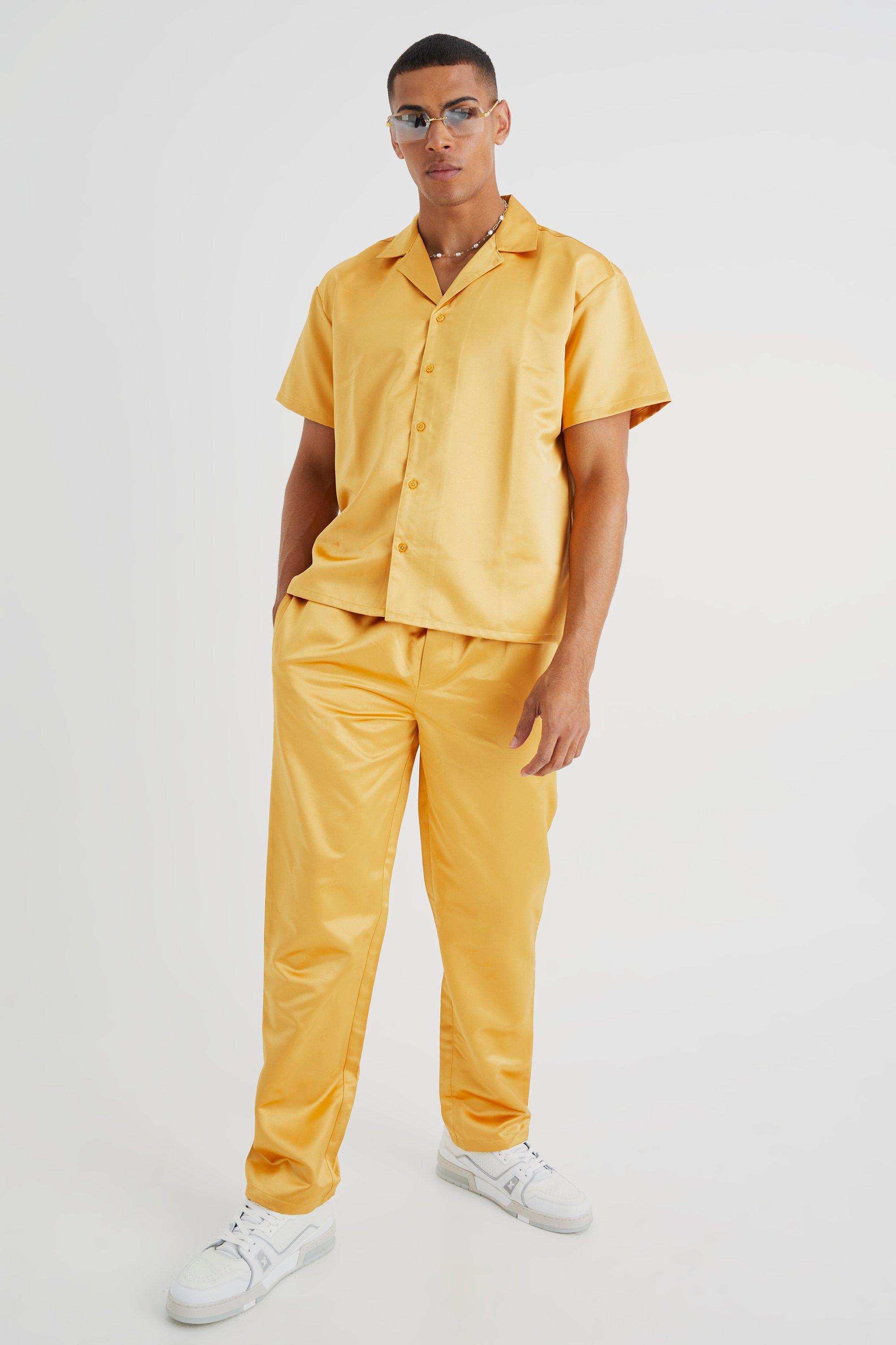 Mens Yellow Short Sleeve Boxy Satin Shirt & Trouser, Yellow