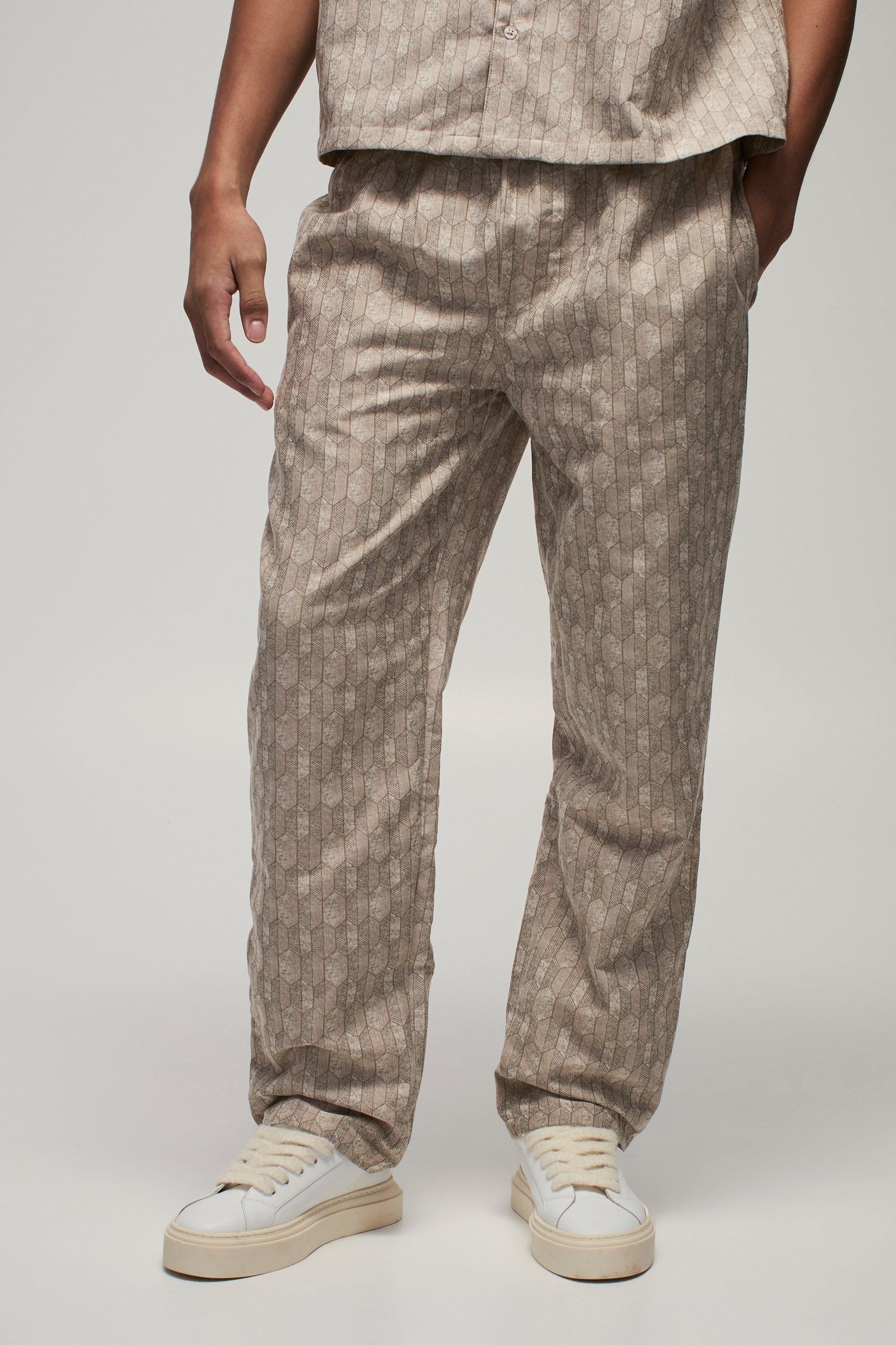 Pantaloni dritti con motivi geometrici e vita elasticizzata, Beige