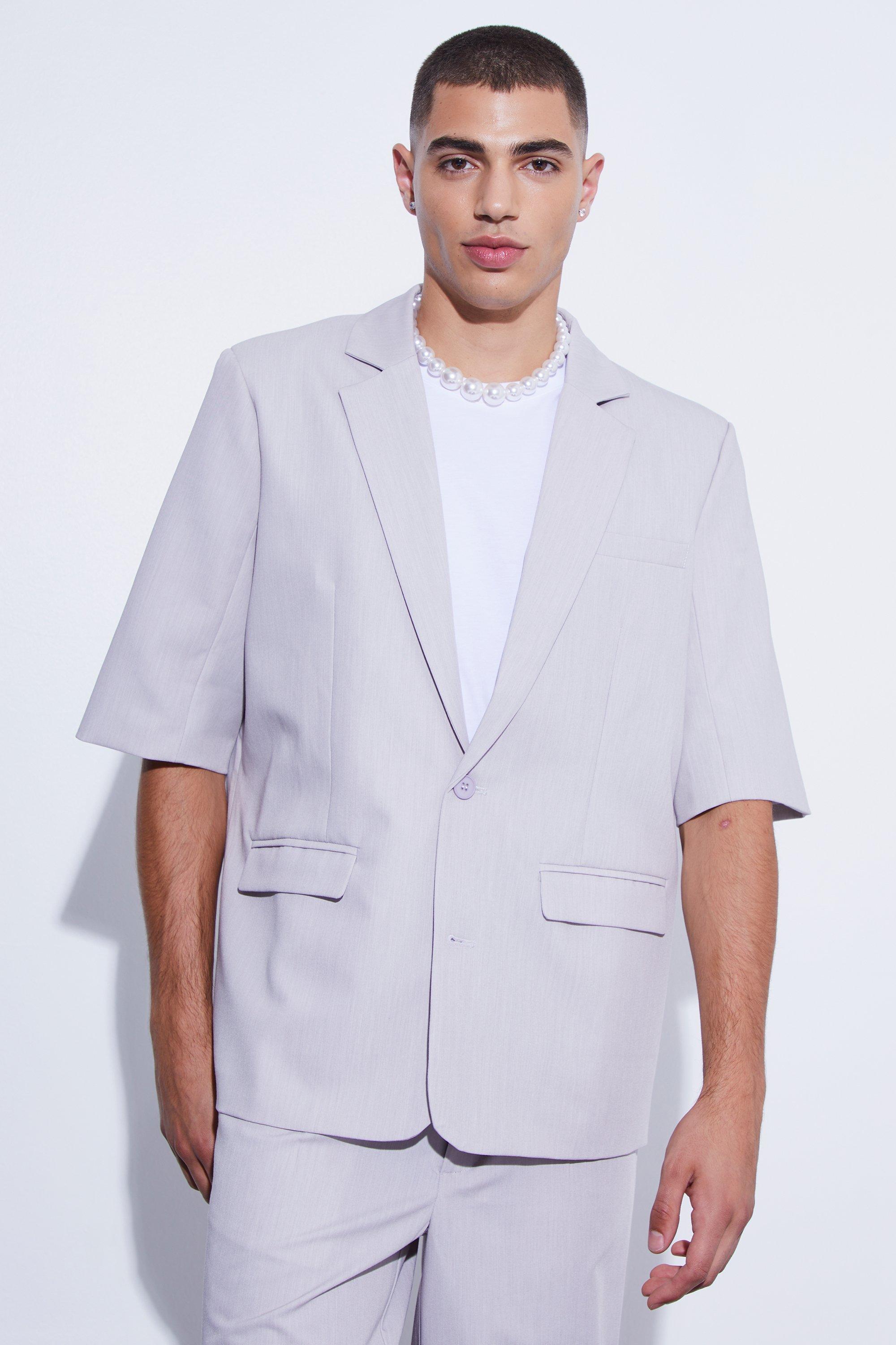 Mens Grey Short Sleeve Oversized Single Breasted Suit Jacket, Grey
