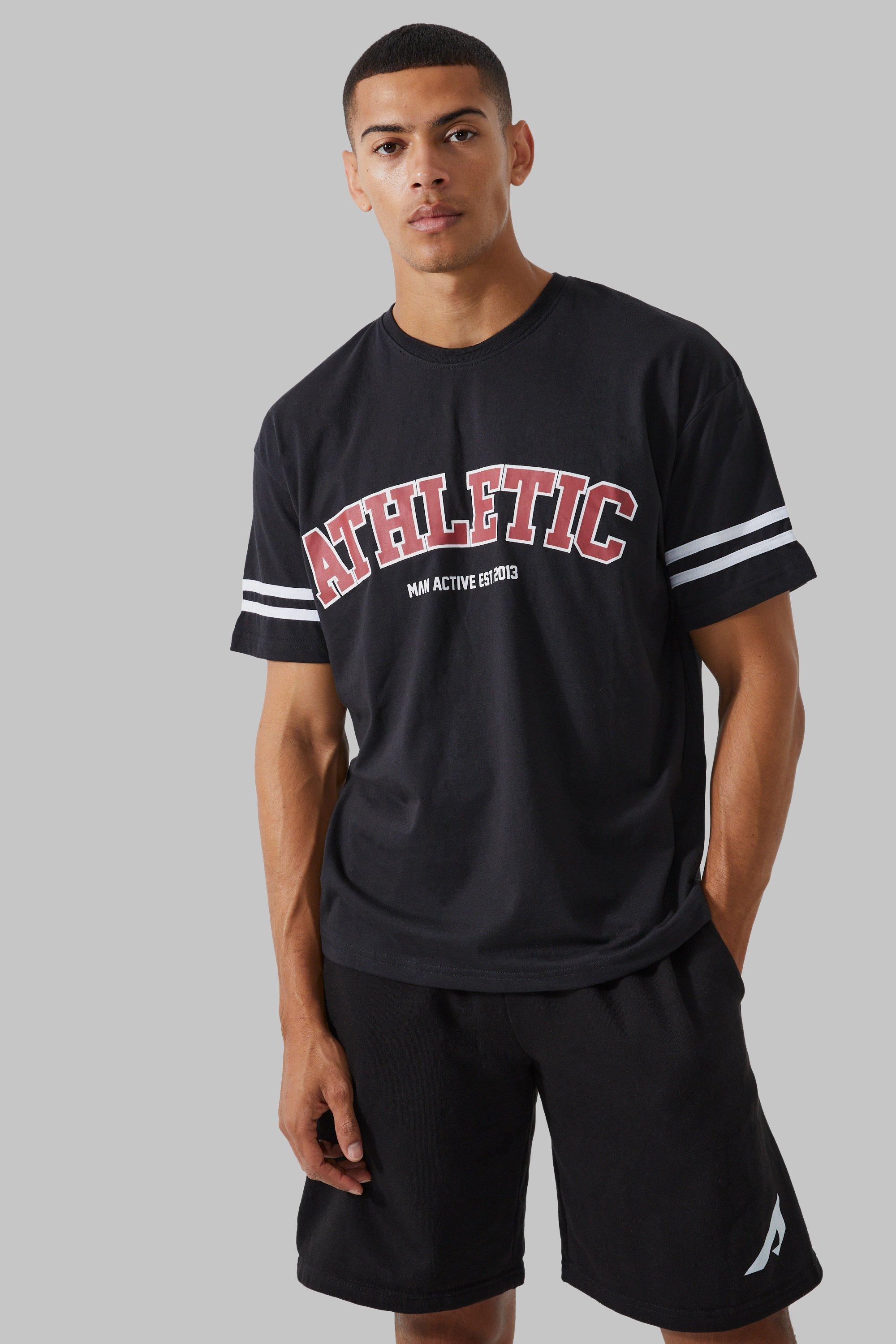 Mens Black Man Active Oversized Athletic Stripe T-shirt, Black