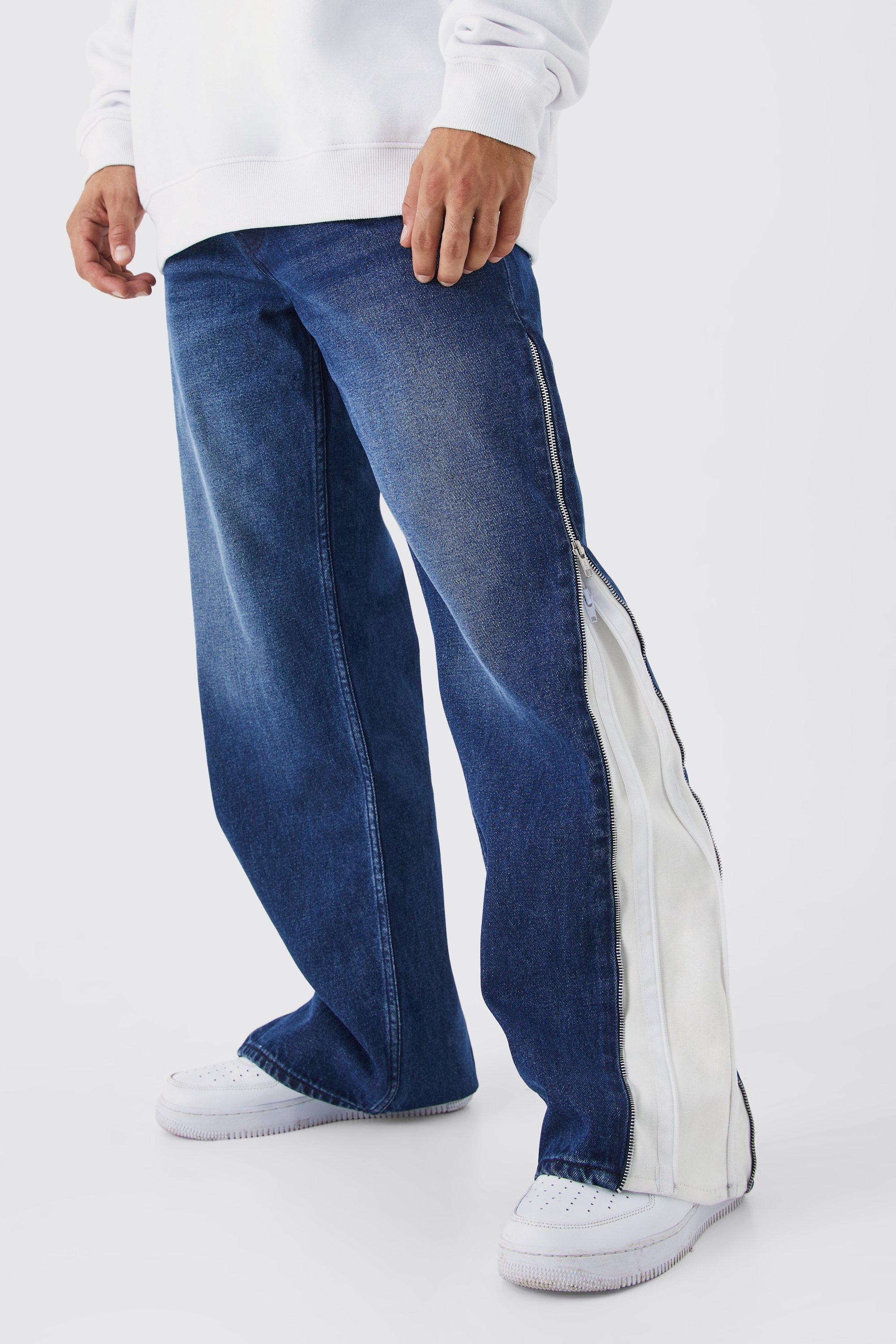 Mens Blue Relaxed Contrast Multi Zip Jeans, Blue