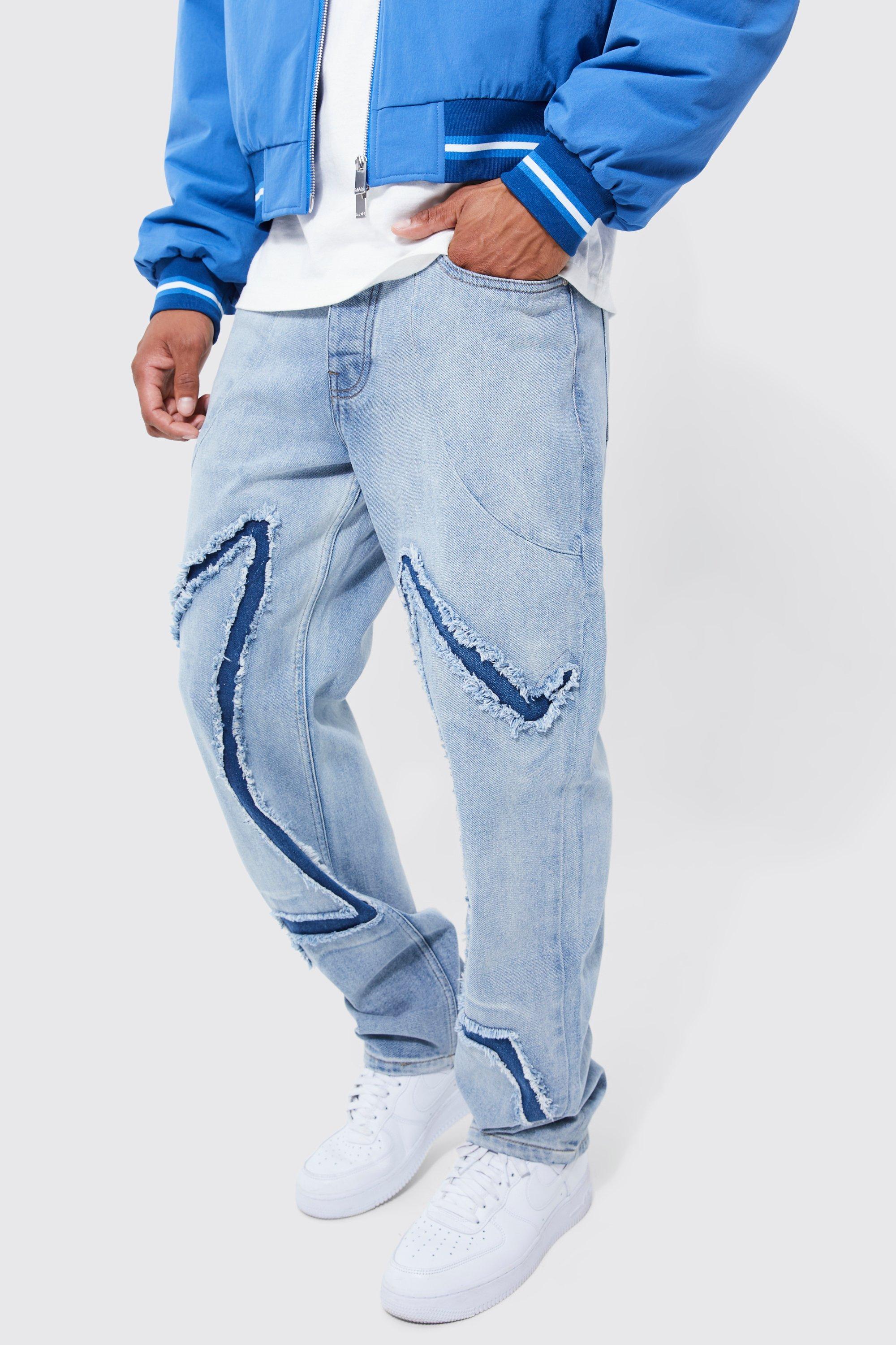 Image of Jeans rilassati in denim rigido con cut-away e stelle, Azzurro