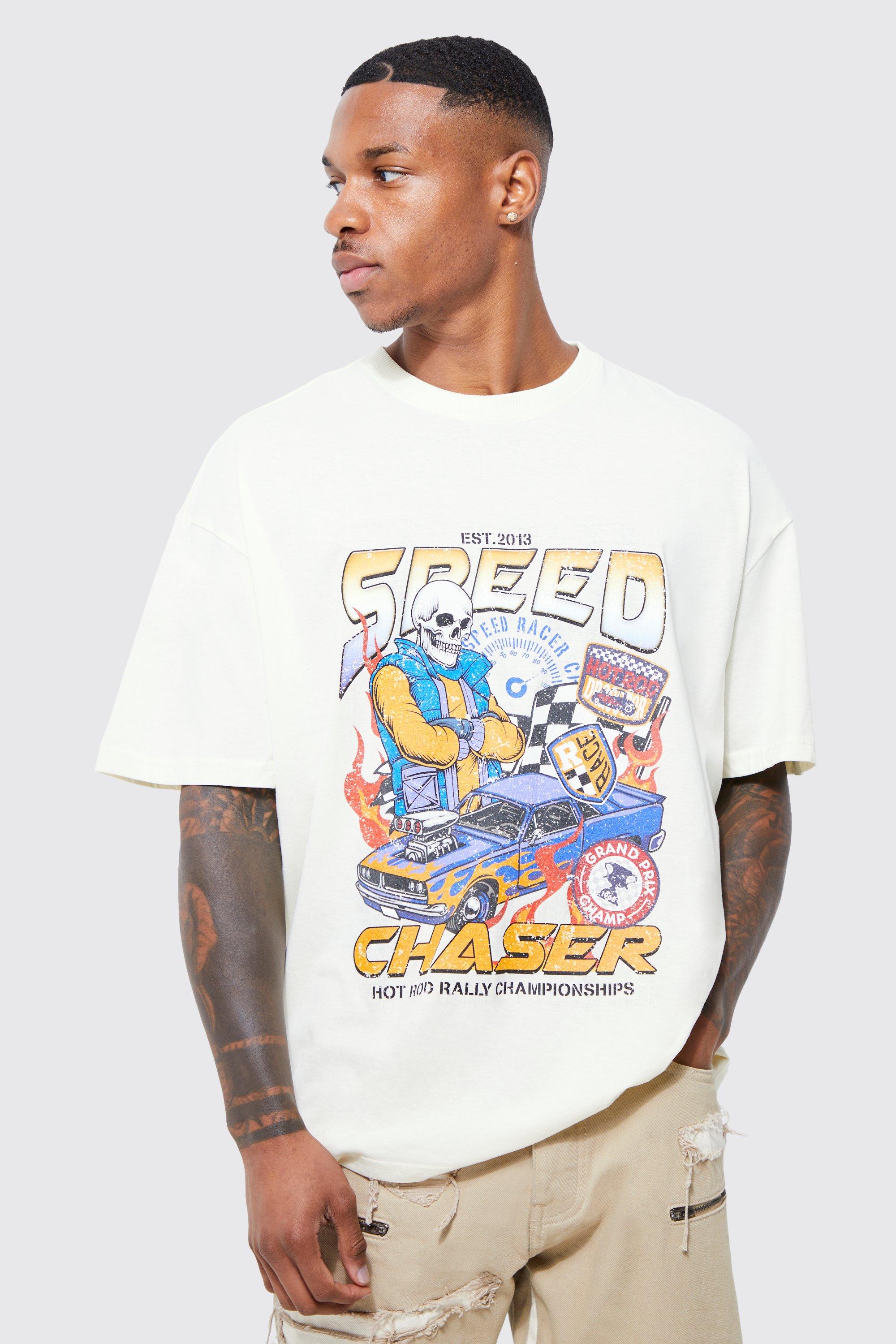 Mens Cream Oversized Moto Rally Racer Print T-shirt, Cream