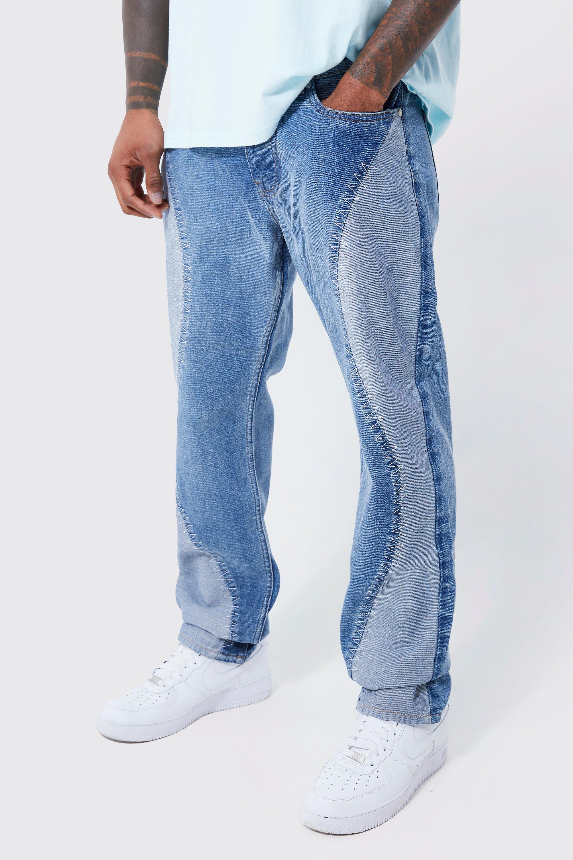 Image of Jeans dritti in denim rigido effetto patchwork, Azzurro