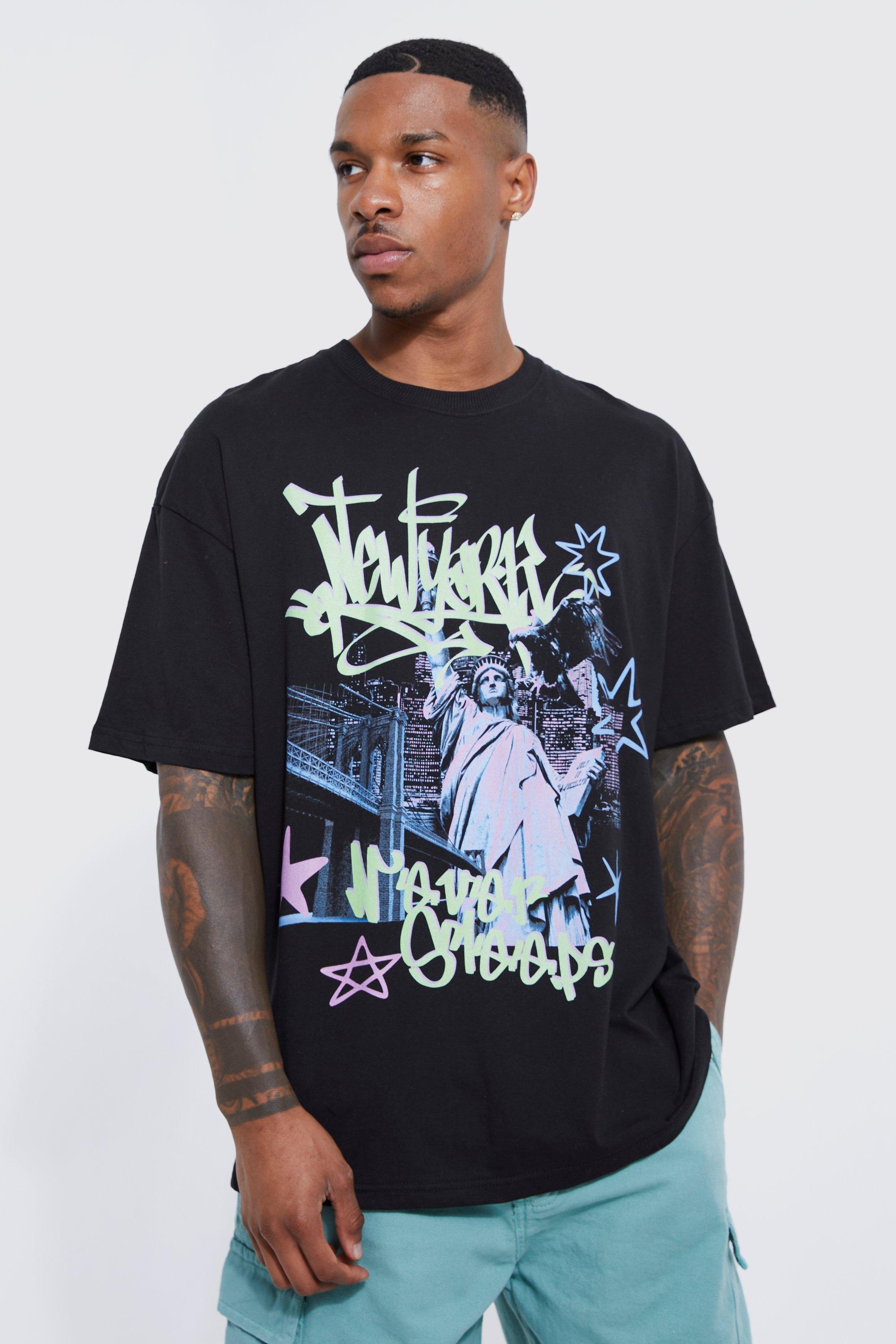 mens black oversized new york graffiti t-shirt, black