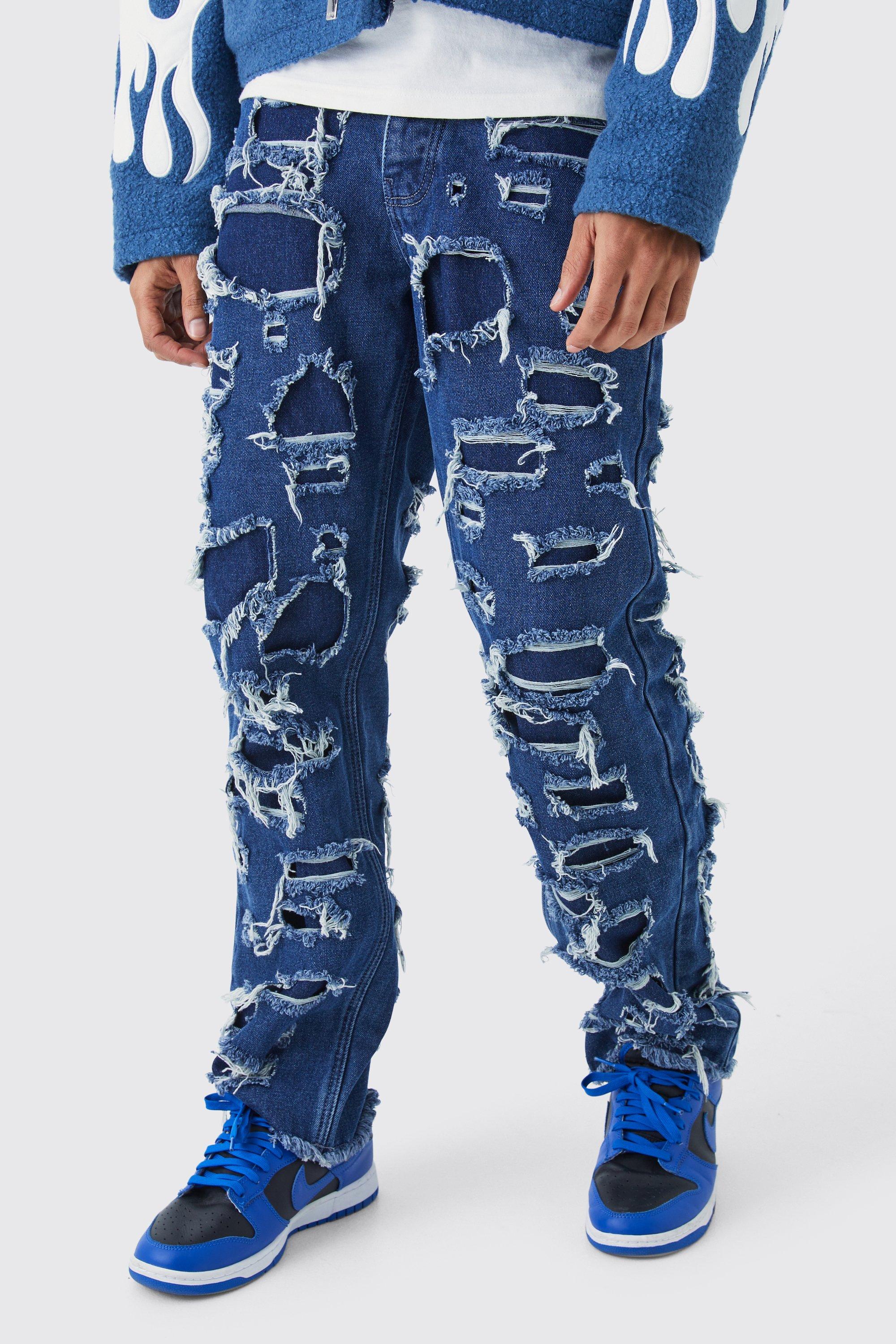 Mens Blue Relaxed Rigid Extreme Ripped Jeans, Blue