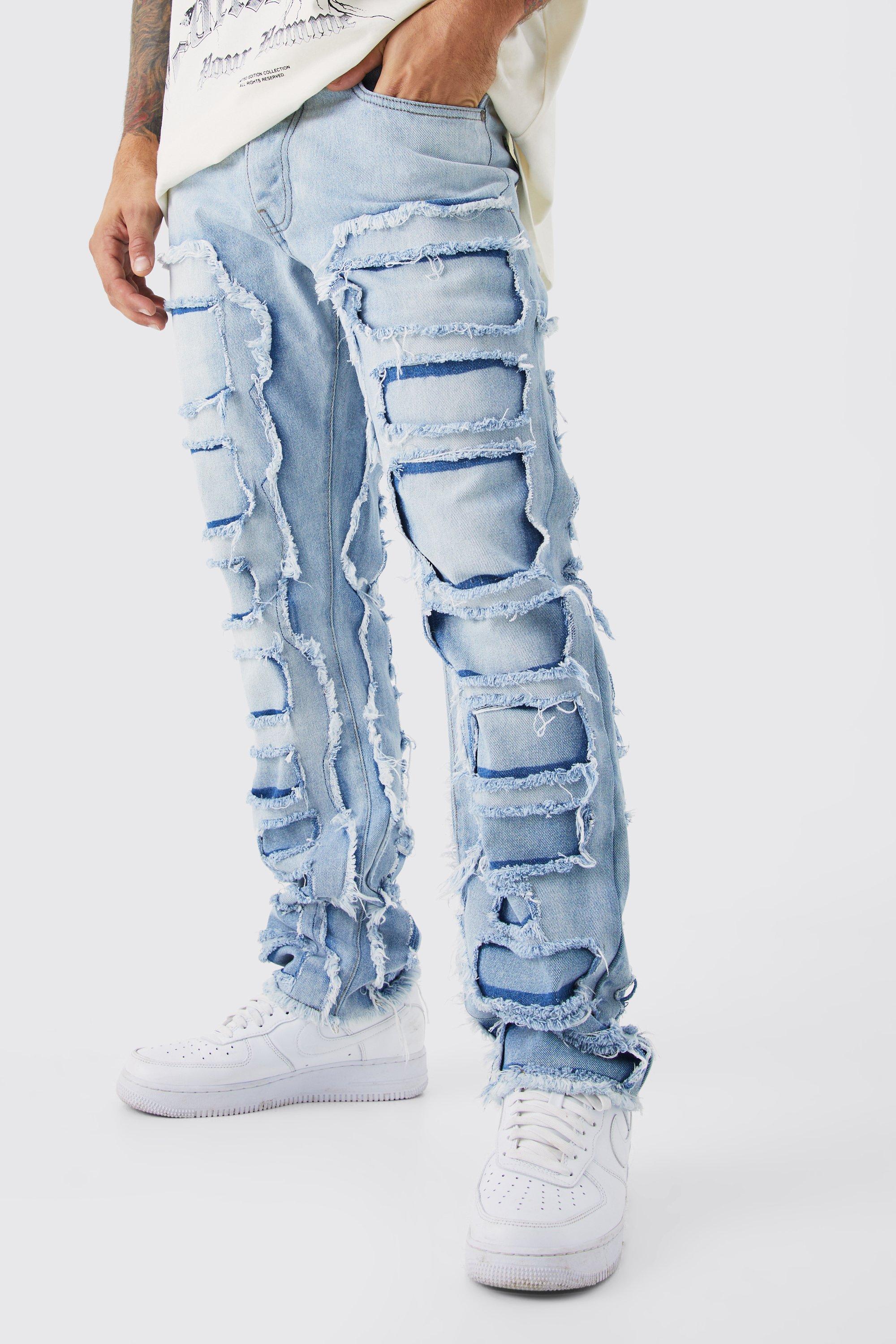 Mens Blue Straight Rigid Distressed Panelled Jeans, Blue