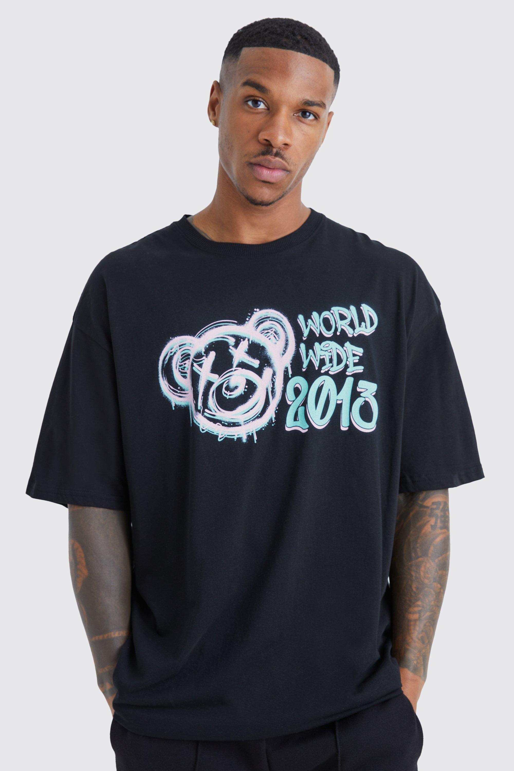Mens Black Oversized Worldwide Teddy Graphic T-shirt, Black