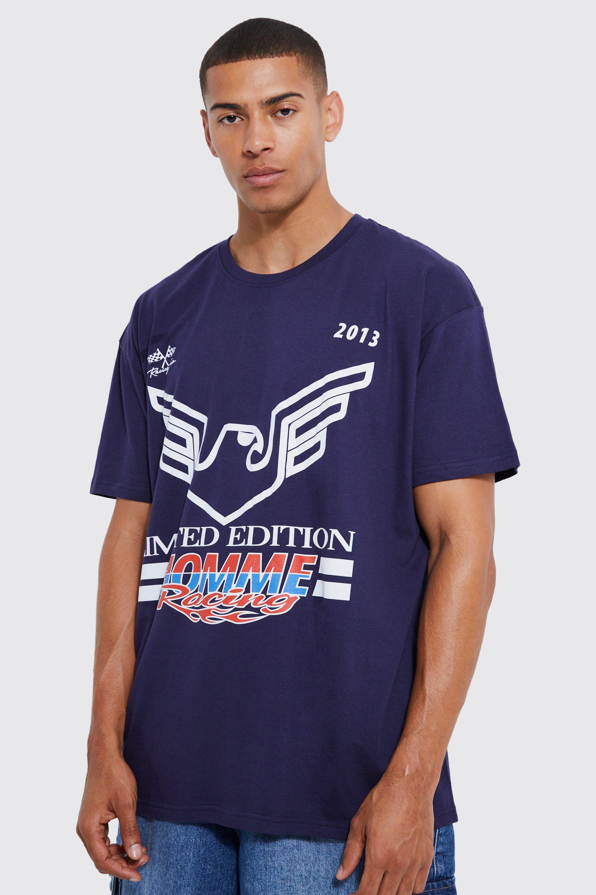 Mens Navy Oversized Moto Racing Graphic T-shirt, Navy
