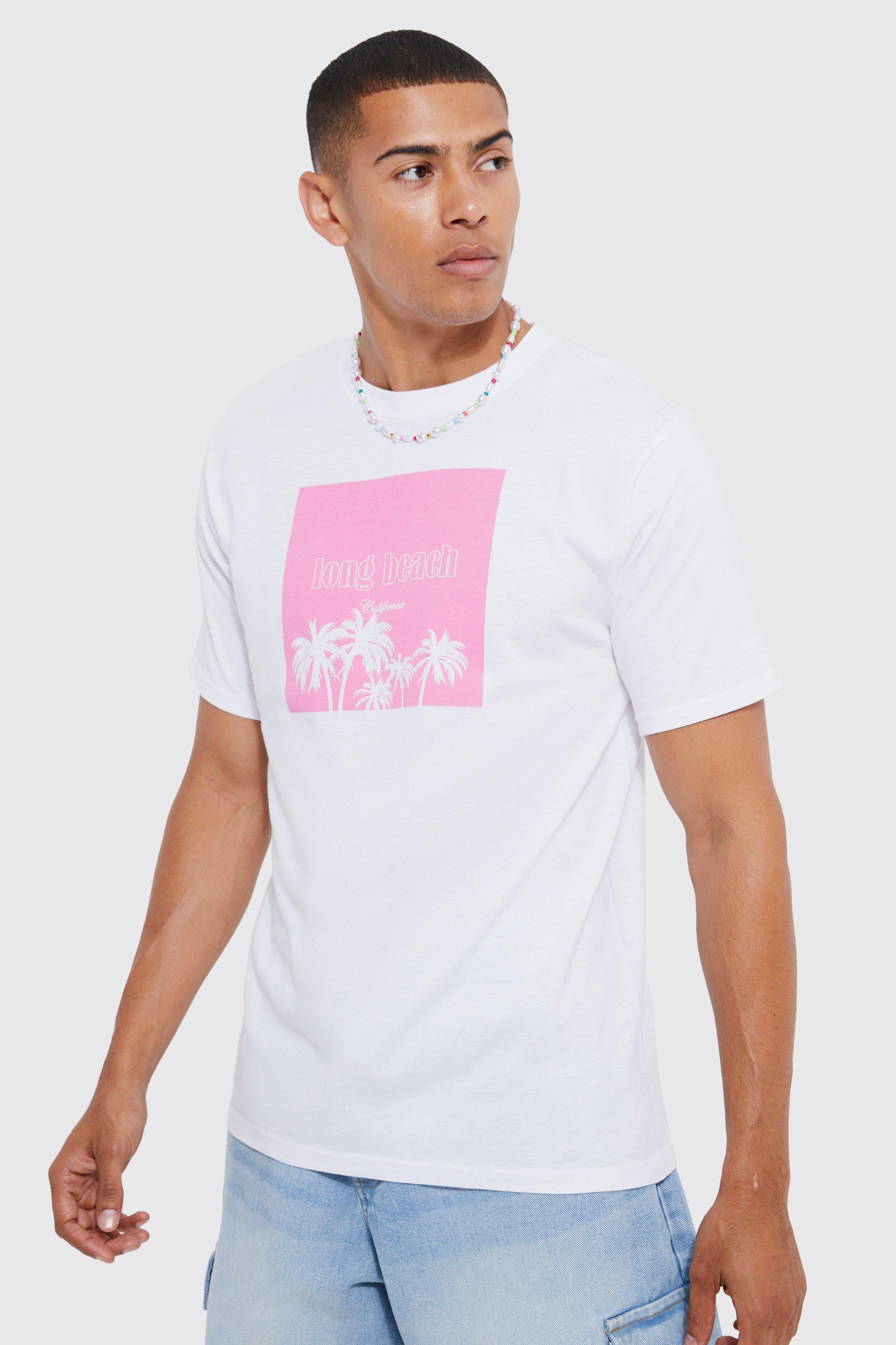Mens White Long Beach California Box Graphic Tshirt, White