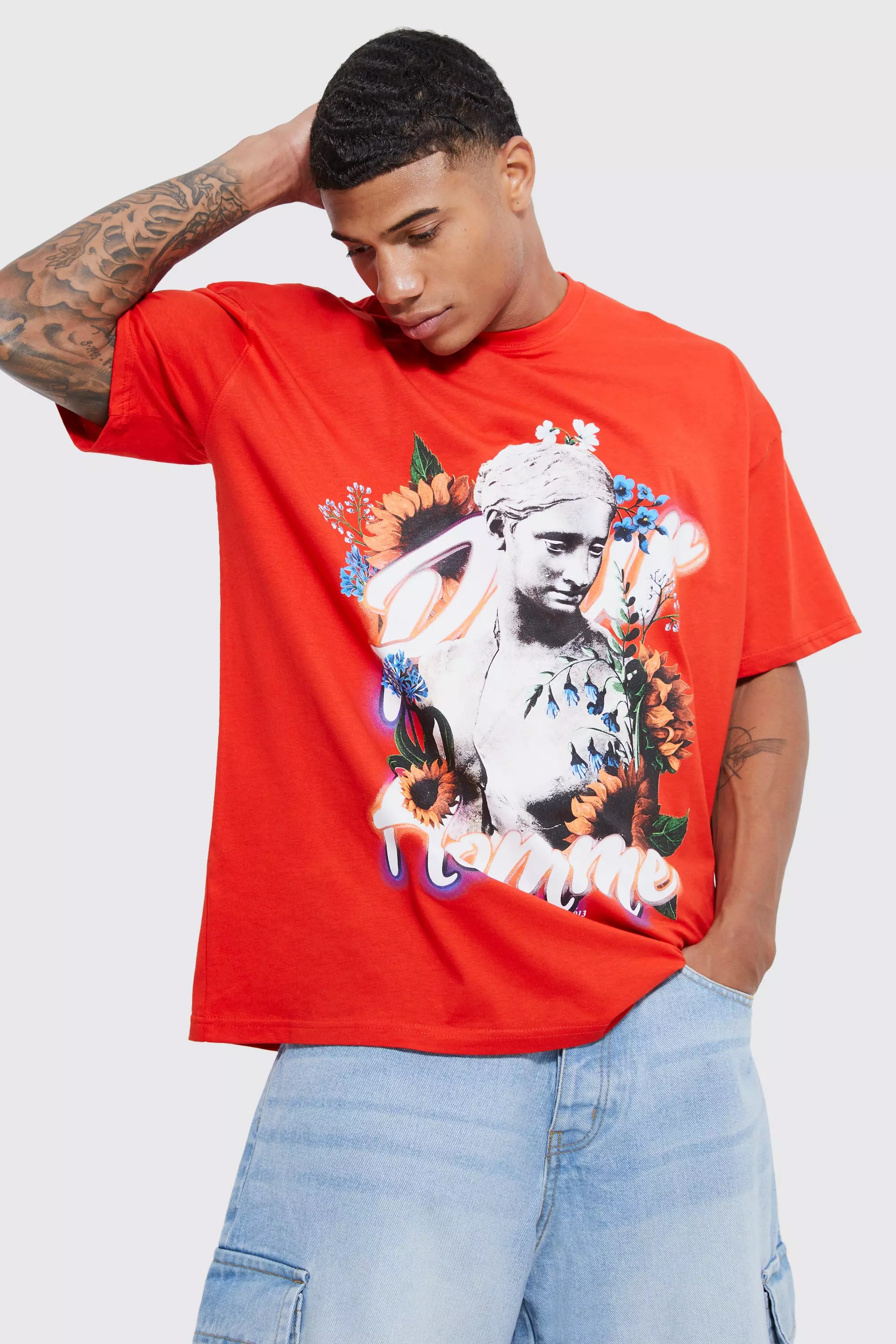 Oversized Pour Homme Floral Statue T shirt boohooMAN USA