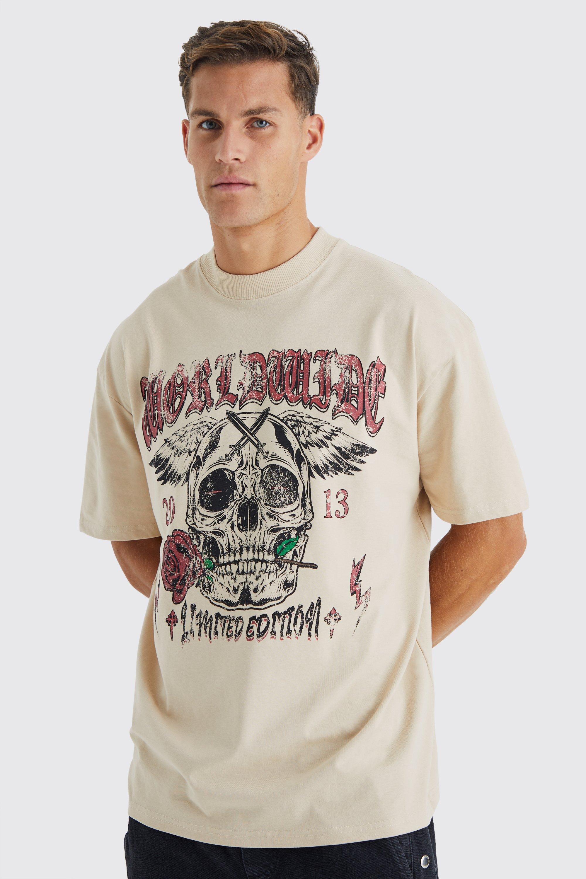 Mens Beige Tall Oversized Heavyweight Skull Print T-shirt, Beige