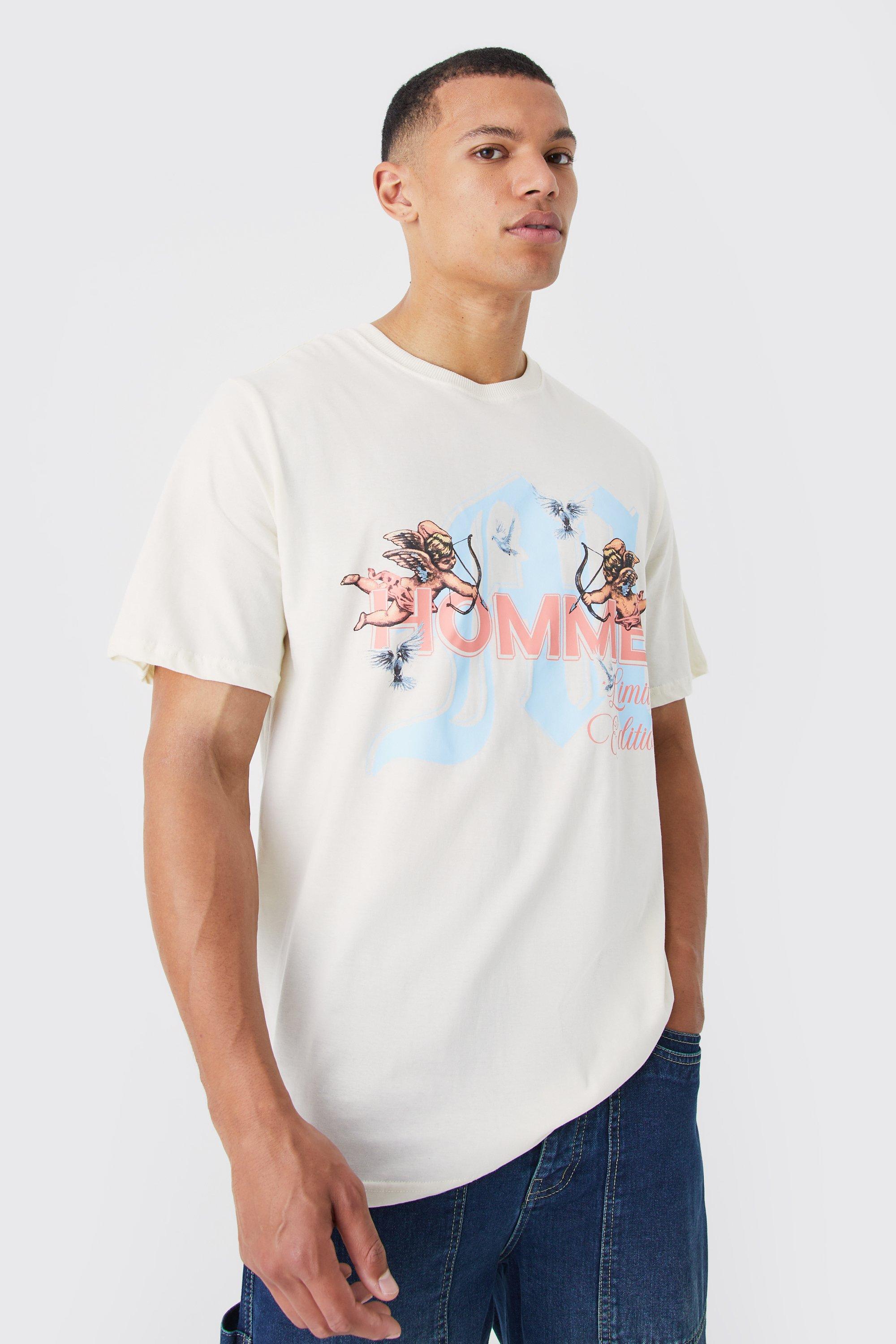 mens cream tall oversized heavyweight cupids love t-shirt, cream