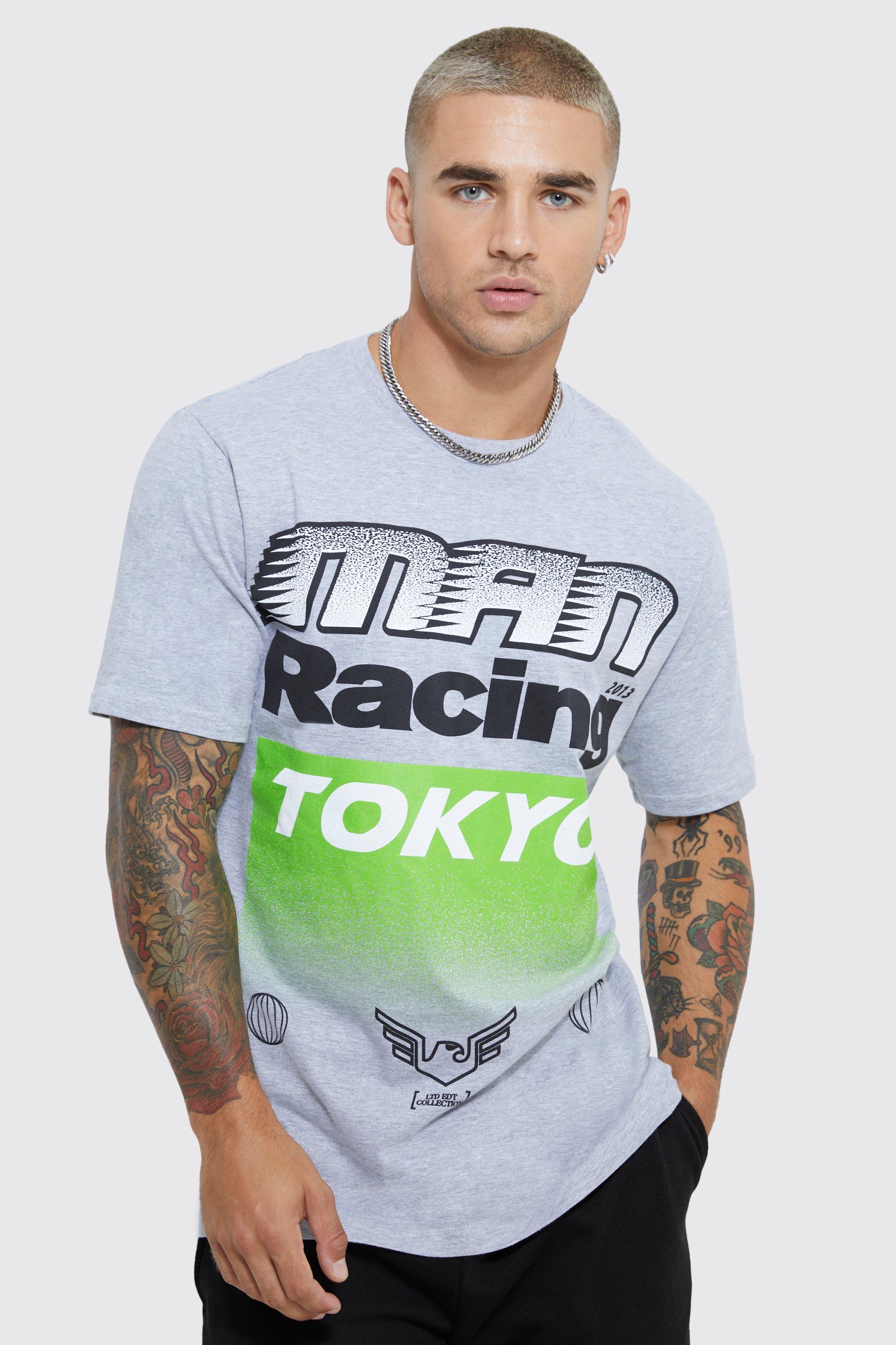 Mens Grey Tokyo Moto Racing Print T-shirt, Grey