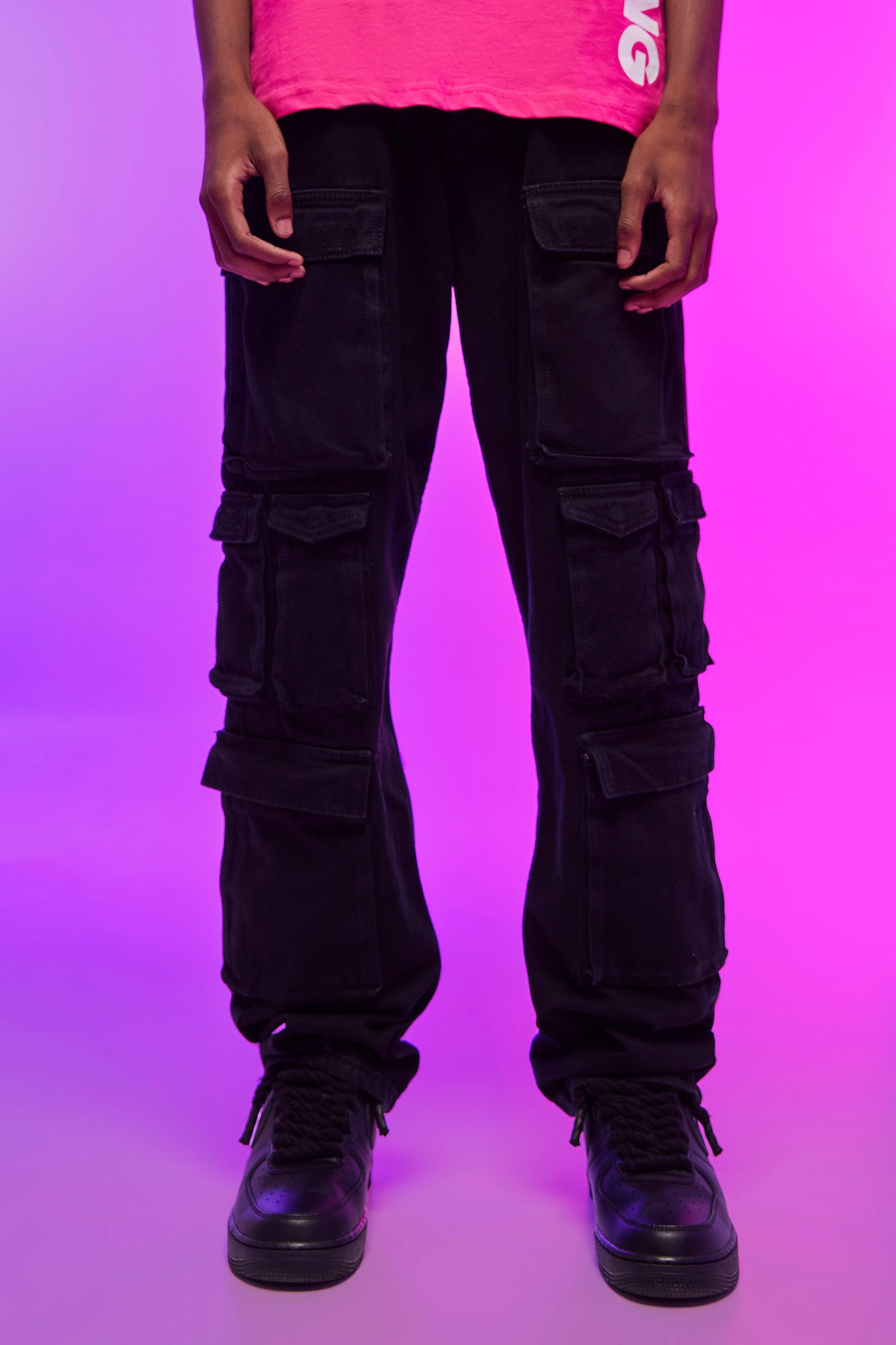 Mens Black Relaxed Fit Washed Multi Pocket Cargo Jeans, Black