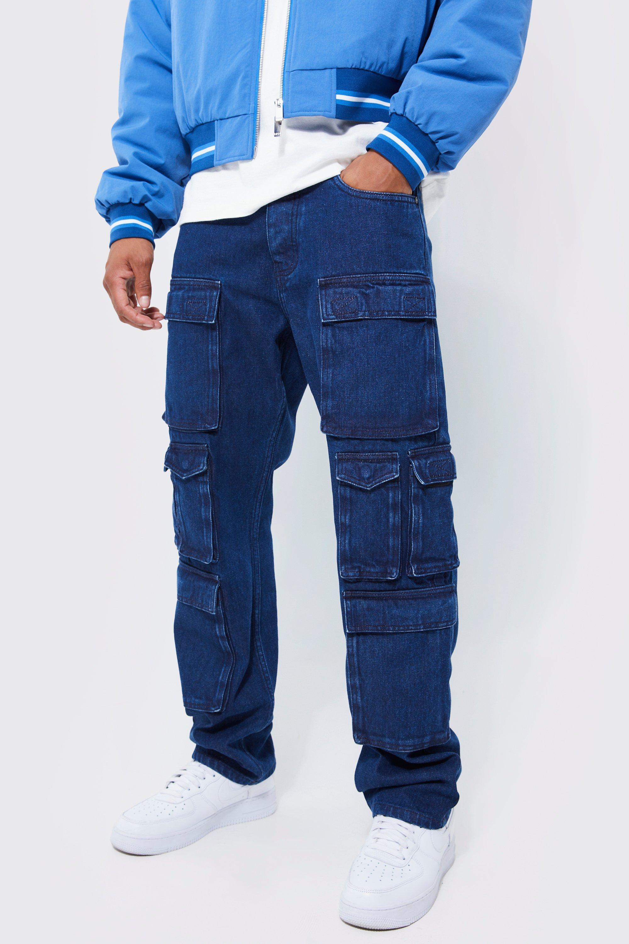 Mens Blue Relaxed Fit Washed Multi Pocket Cargo Jeans, Blue