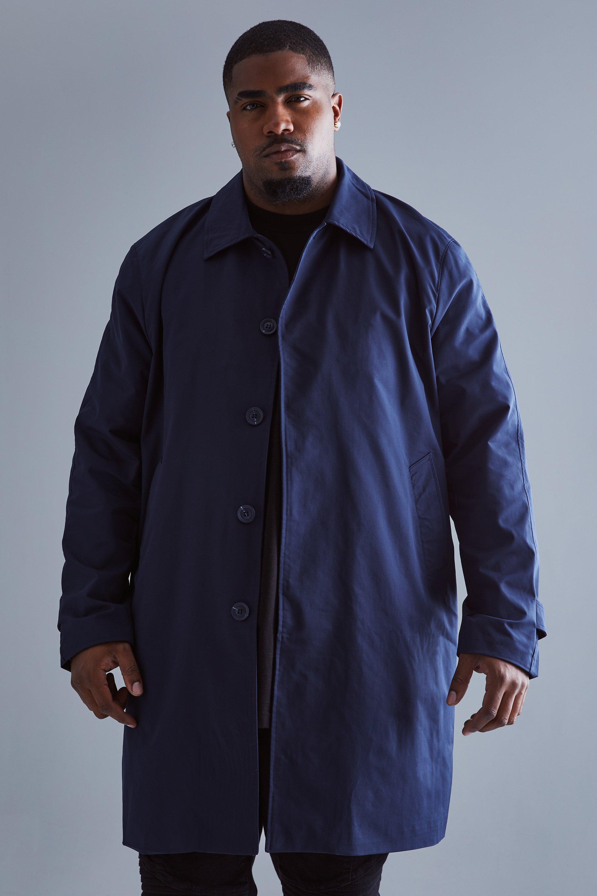 Mens Navy Plus Single Breasted Poly Twill Mac, Navy