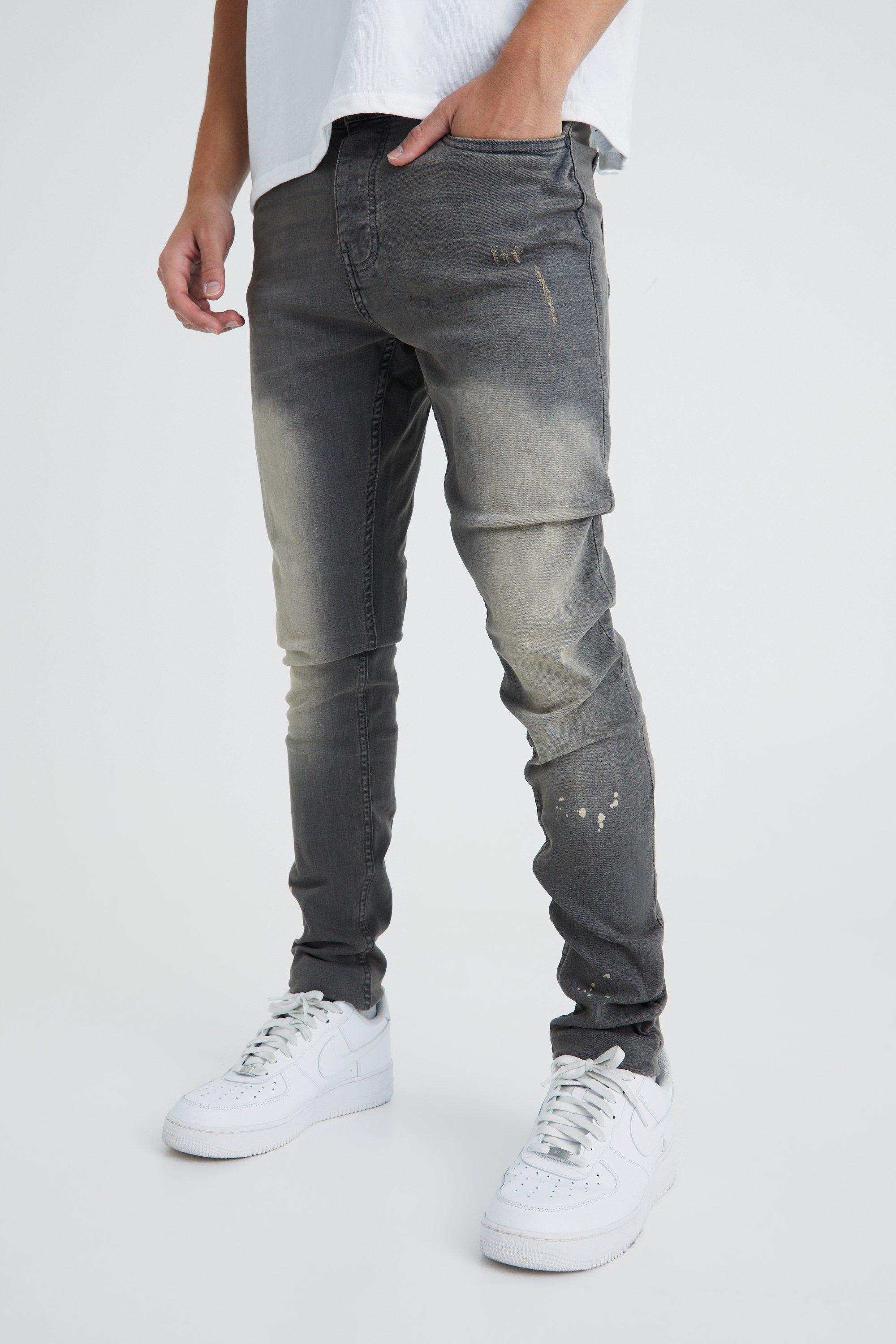 Mens Grey Skinny Stretch Stacked Tinted Jeans, Grey