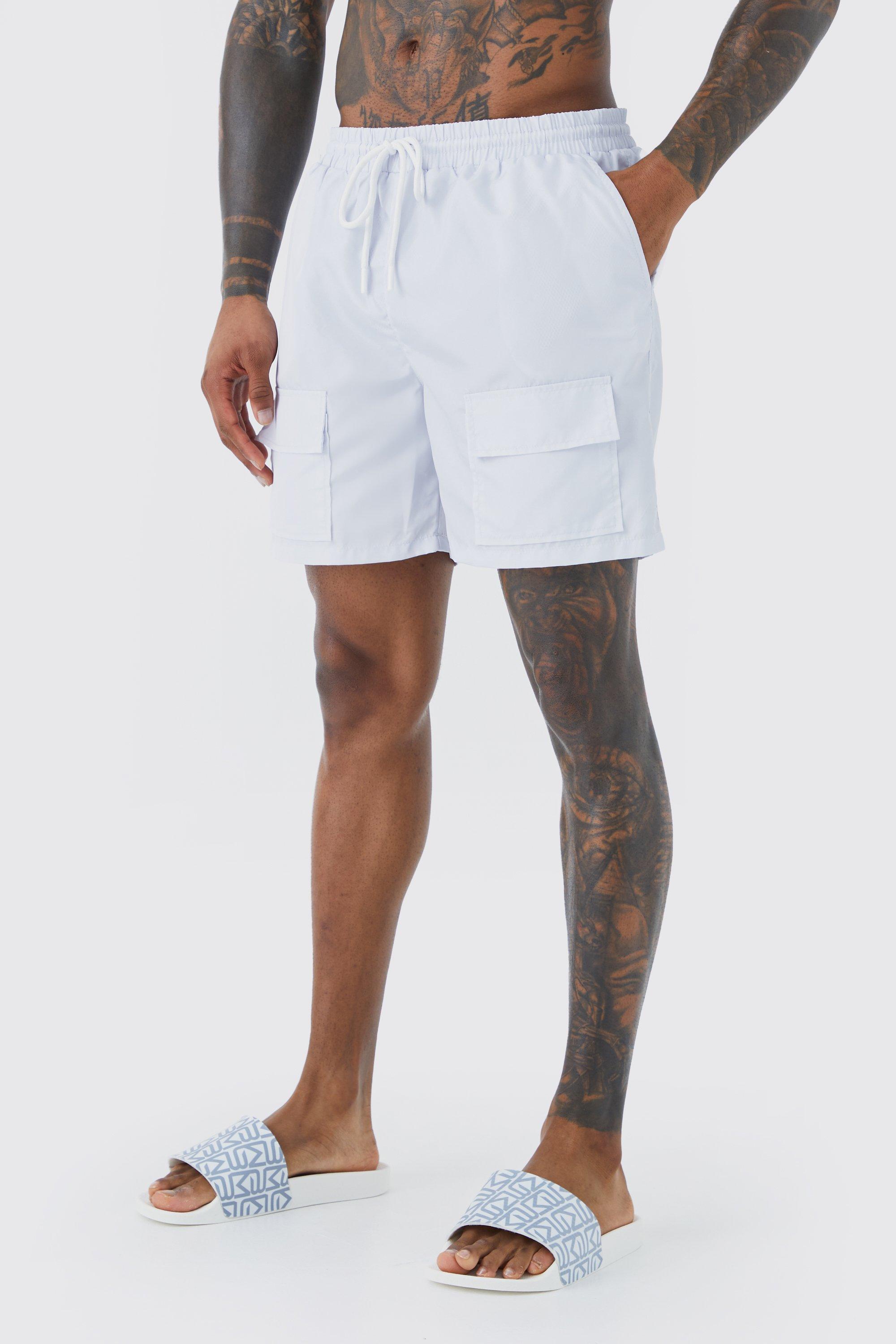 Mens Grey Mid Length Cargo Swim Shorts, Grey