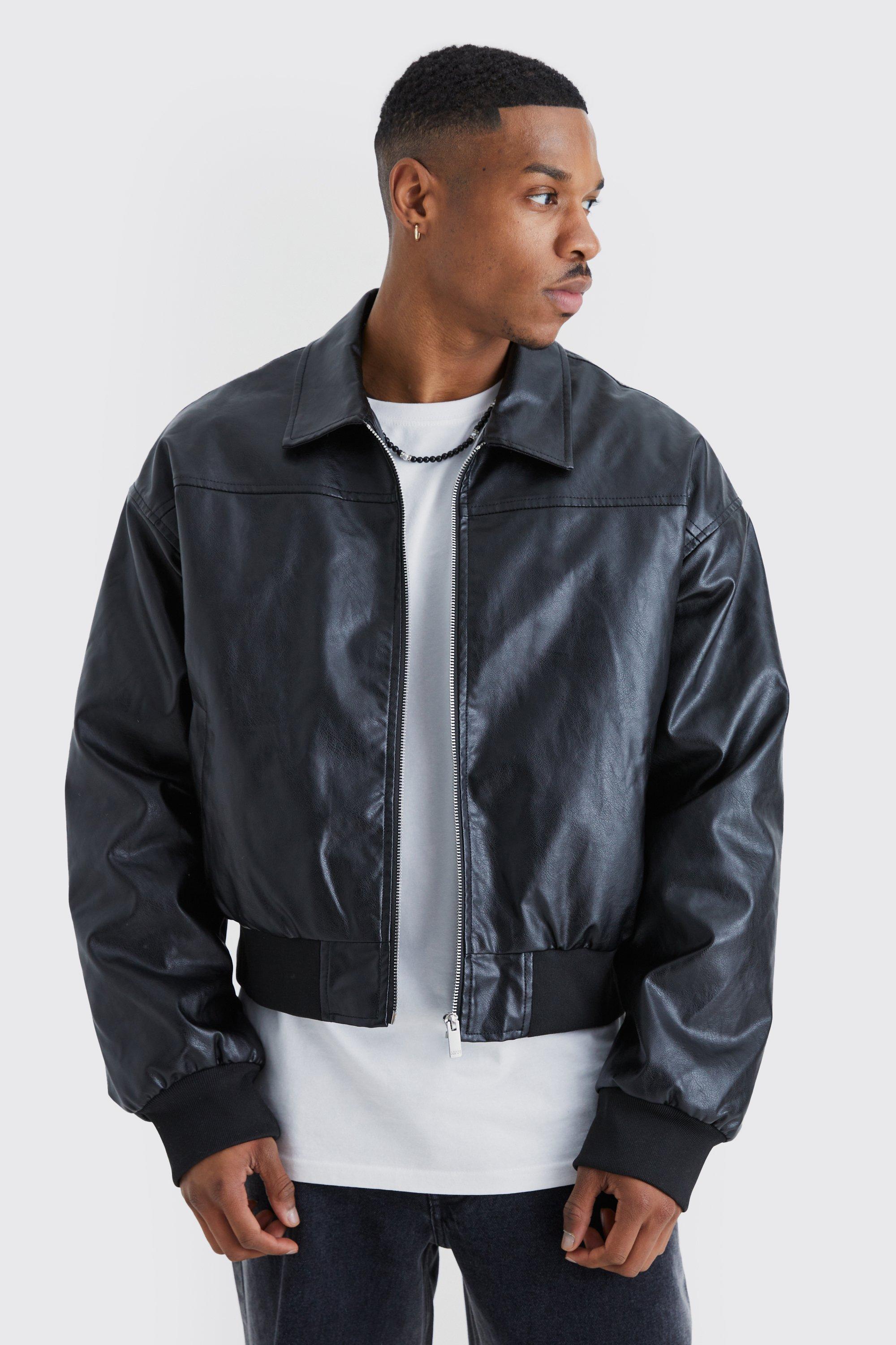 Mens Black Boxy PU Collared Bomber Jacket, Black