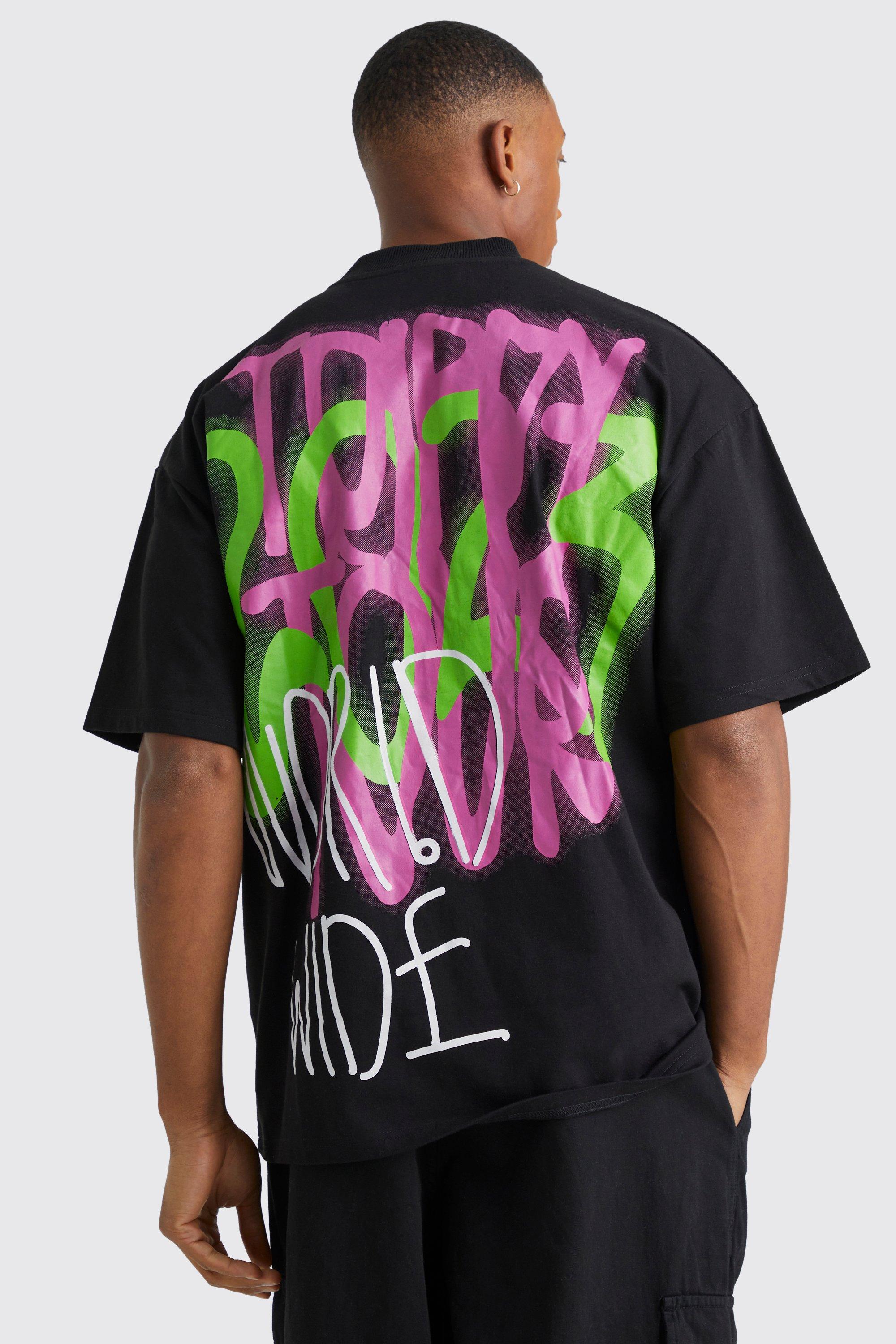 Image of T-shirt oversize con grafica psichedelica e fondo sceso, Nero