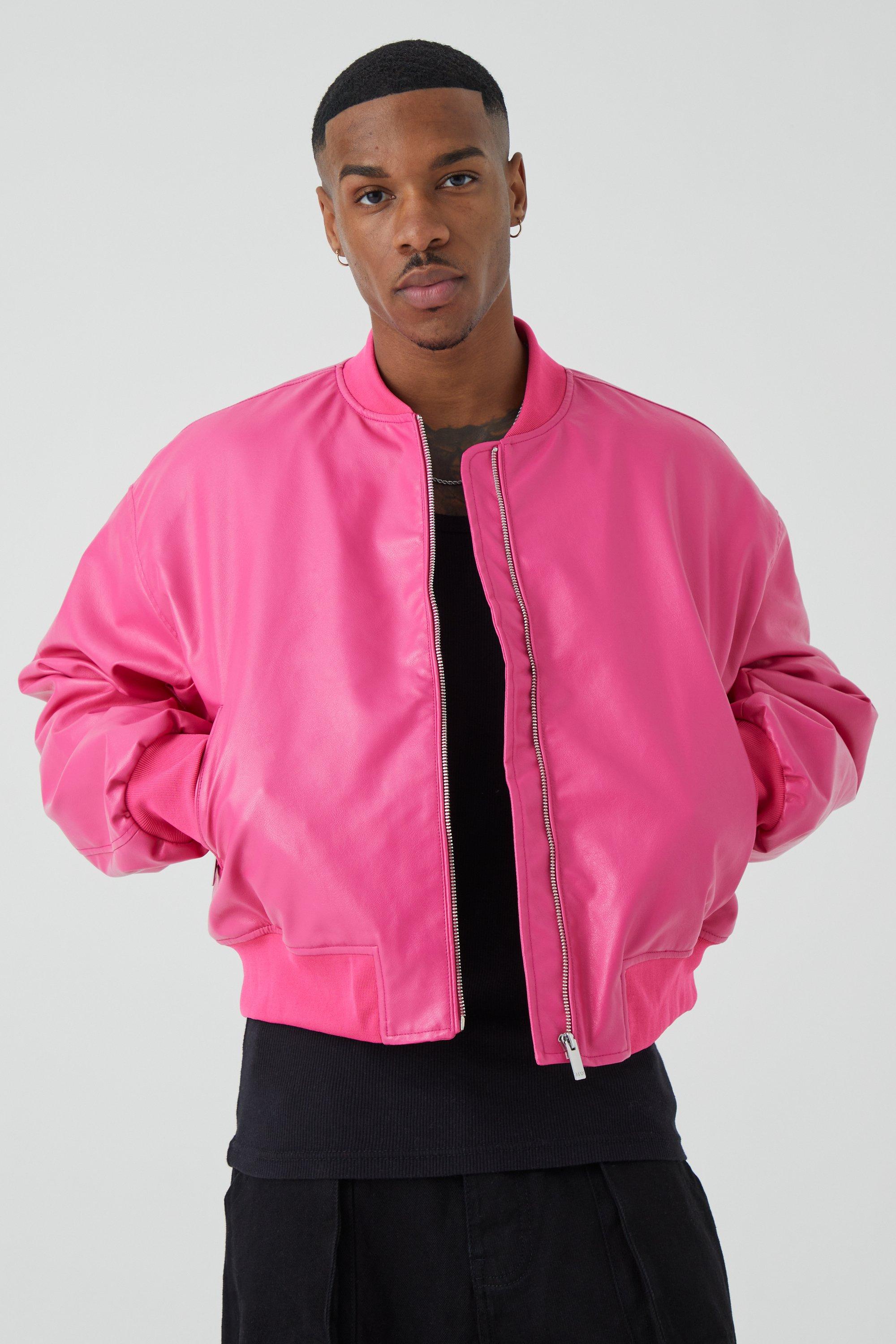 Mens Pink Boxy Pu Bomber With Zips, Pink