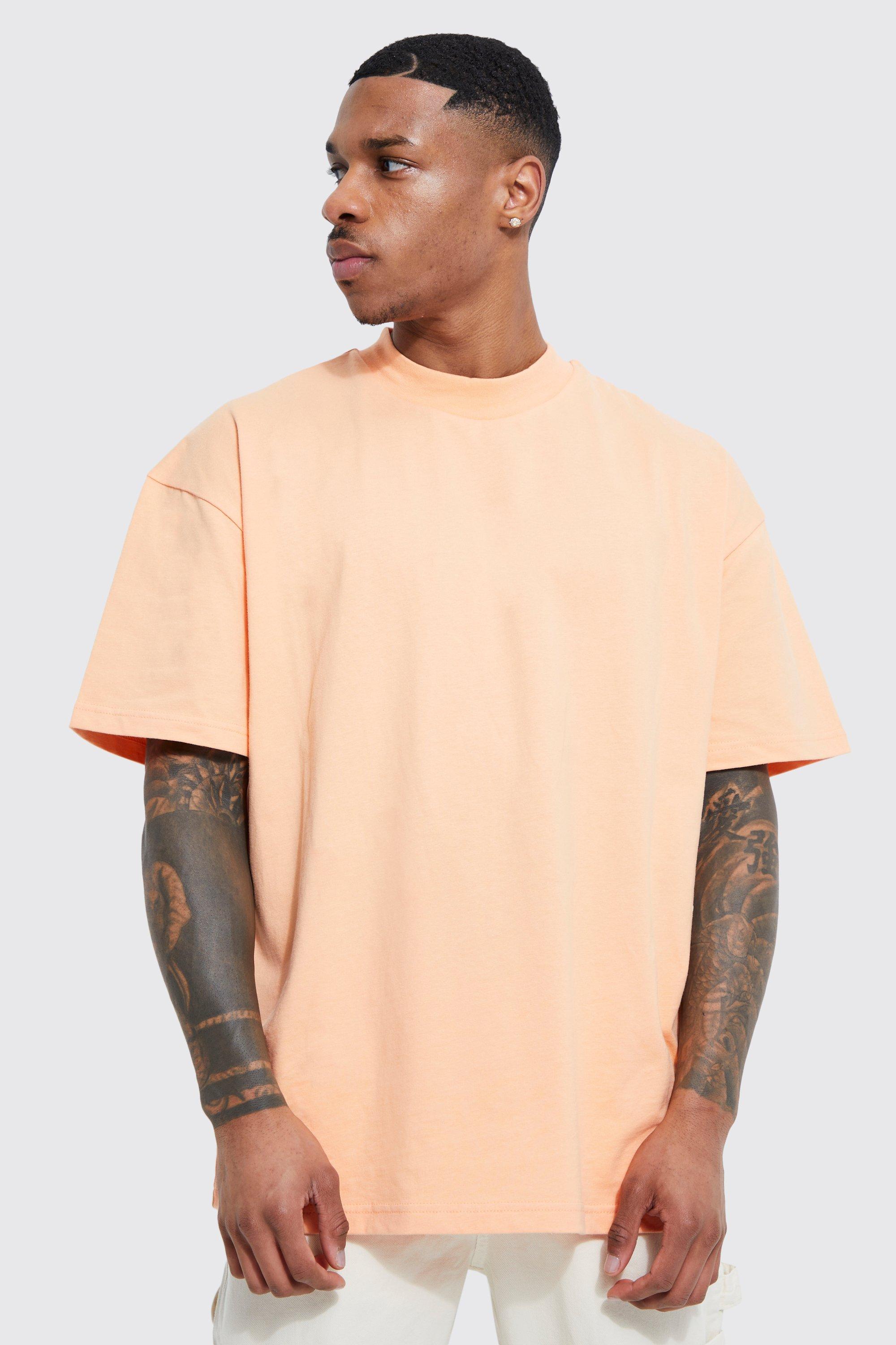 Mens Orange Oversized Heavyweight Extended Neck T-shirt, Orange