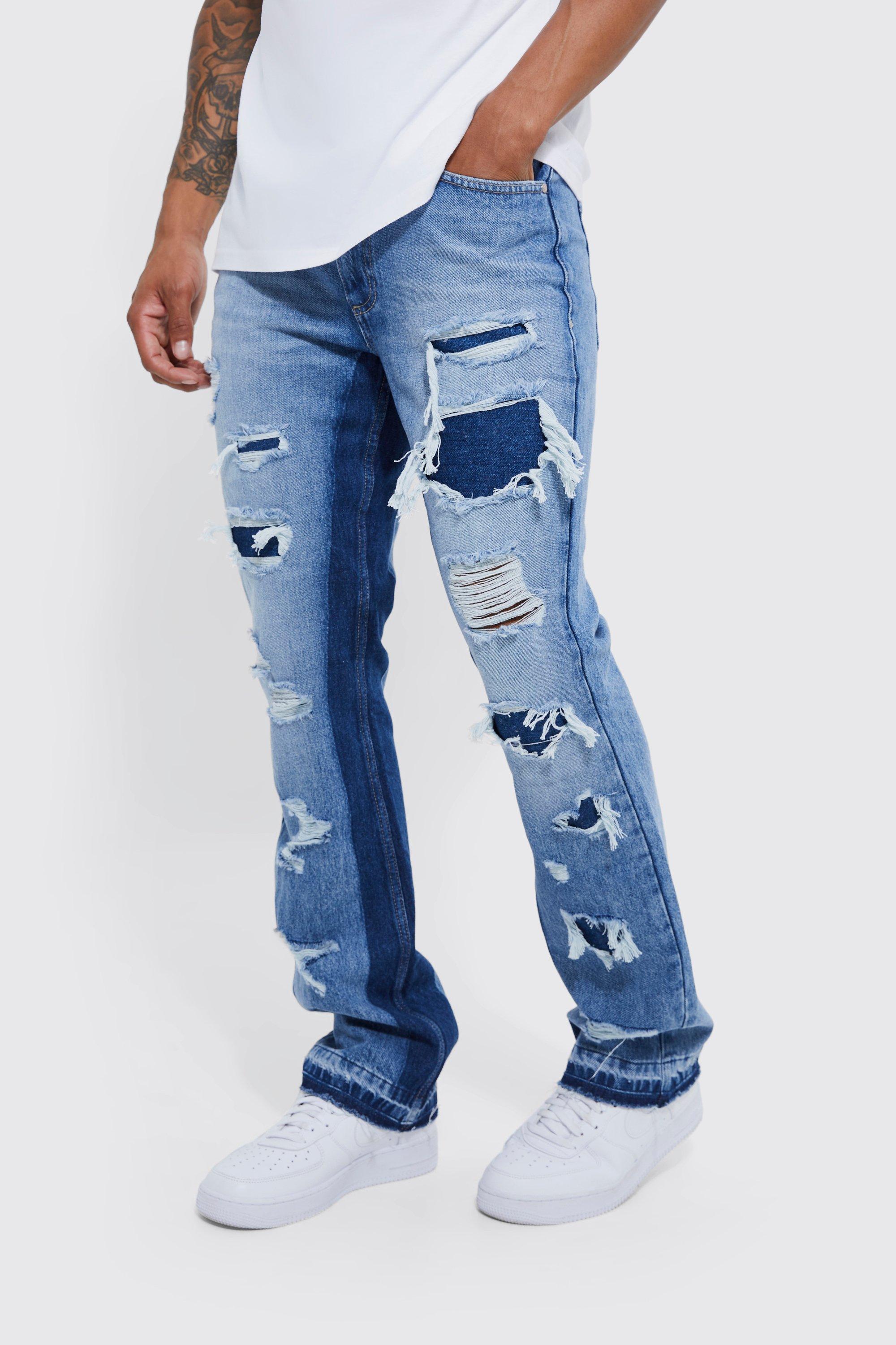 Image of Jeans Slim Fit in denim rigido con pannelli a zampa e strappi, Azzurro