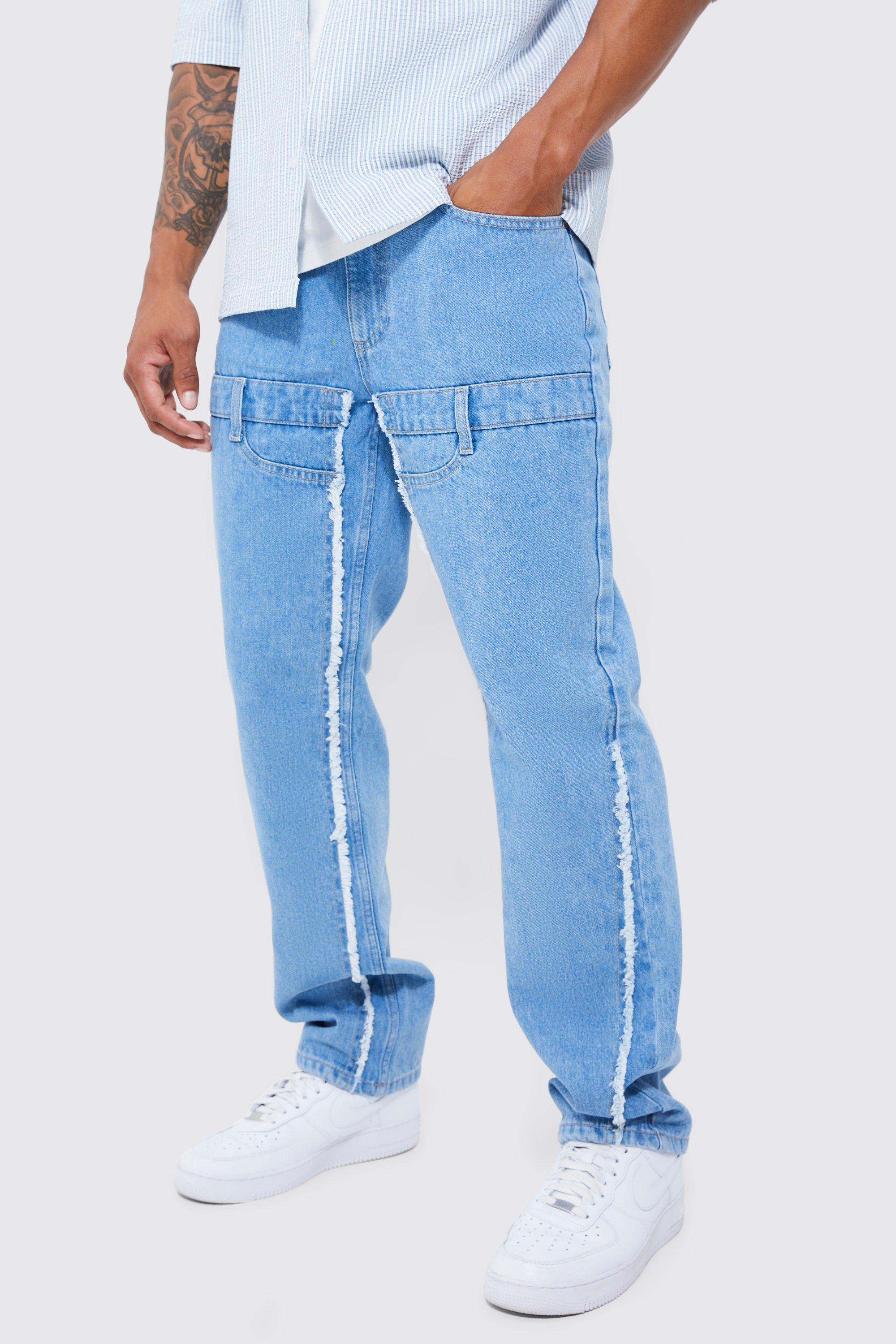 Image of Jeans rilassati in denim rigido con doppia fascia in vita e sfilacciati, Azzurro