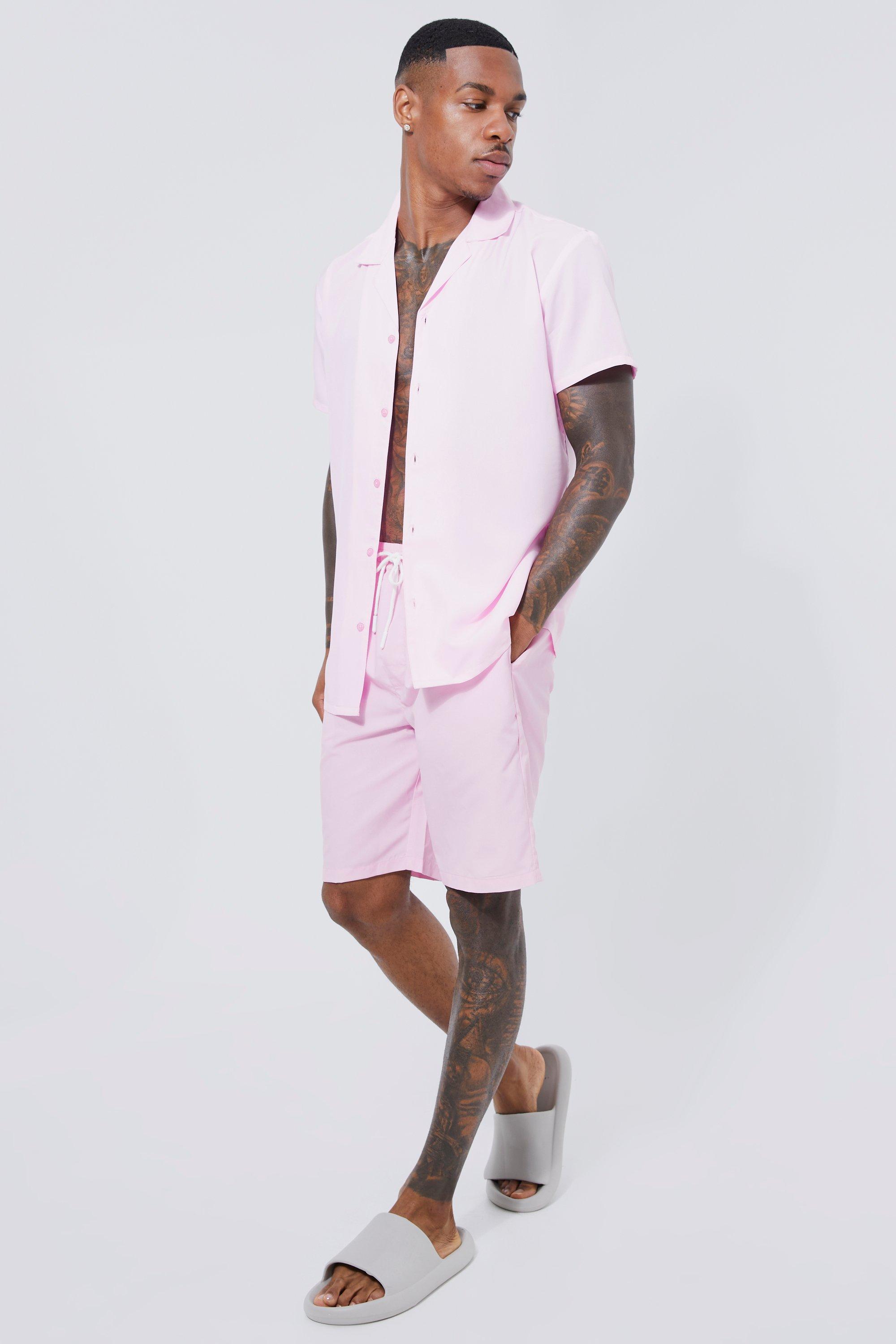 Men's Short Sleeve Revere Plain Shirt & Short Swim Set - Pink - M, Pink