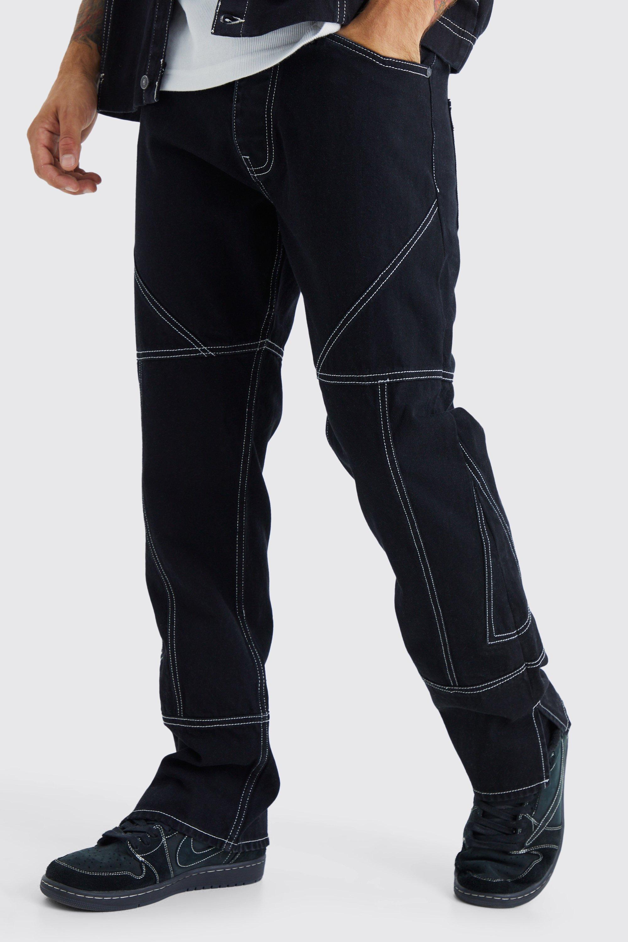 Image of Jeans dritti in denim rigido con cuciture a contrasto e zip sul fondo, Nero