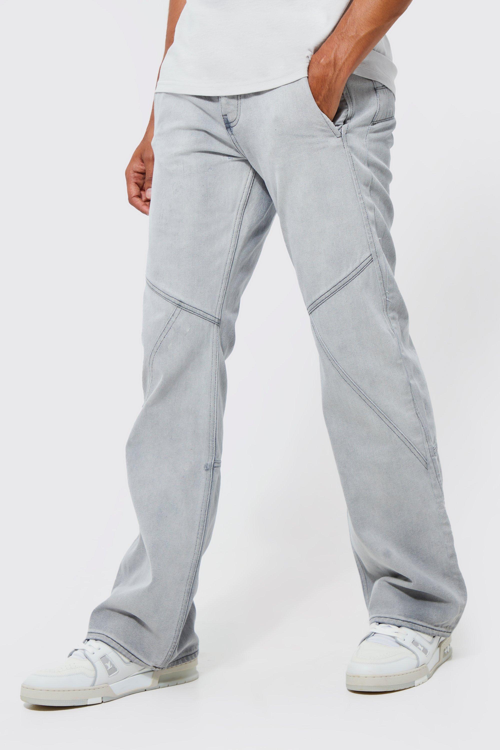 Mens Grey Relaxed Rigid Flare Panelled Jeans, Grey