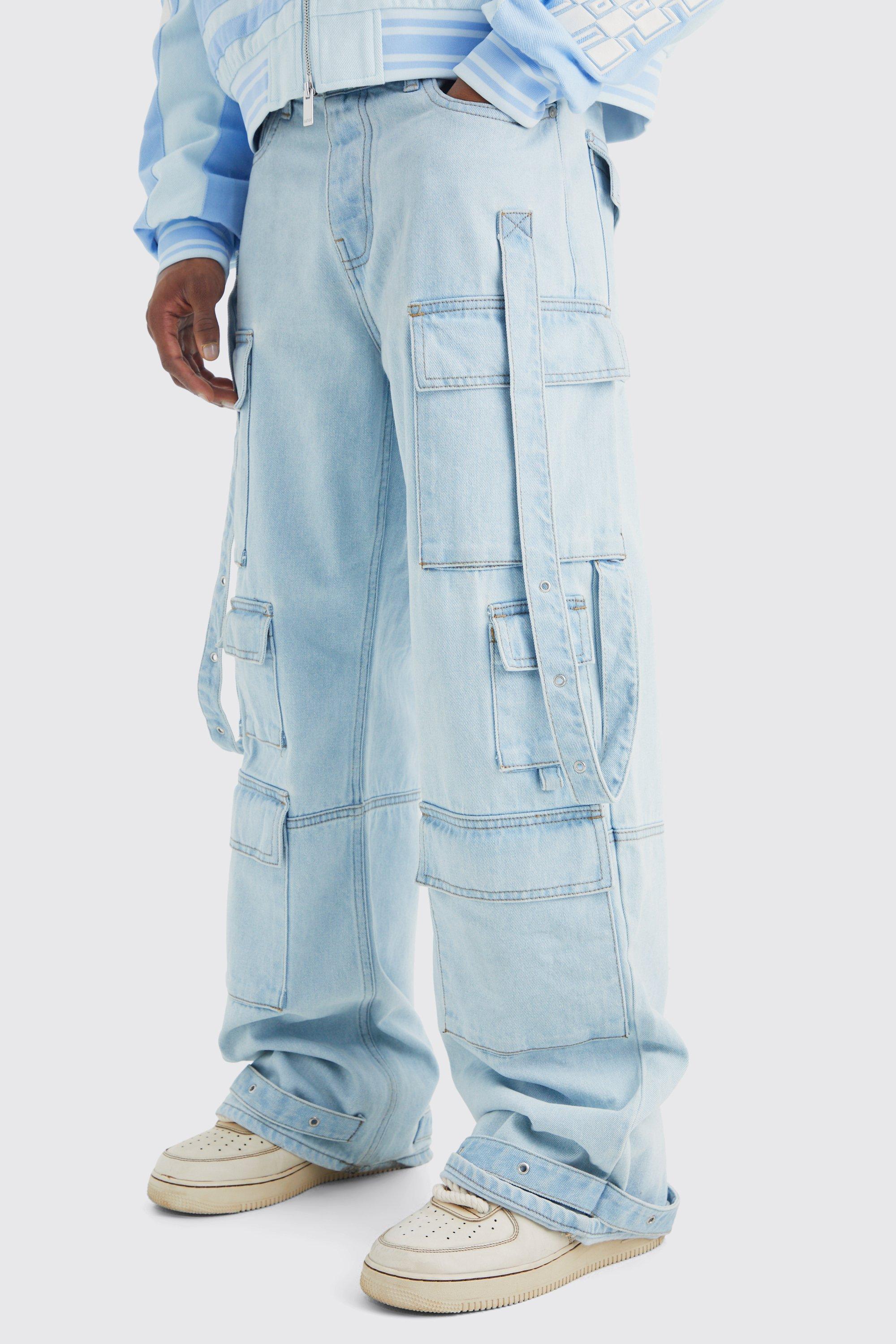 Image of Jeans a zampa extra comodi in denim rigido con tasche multiple, Azzurro