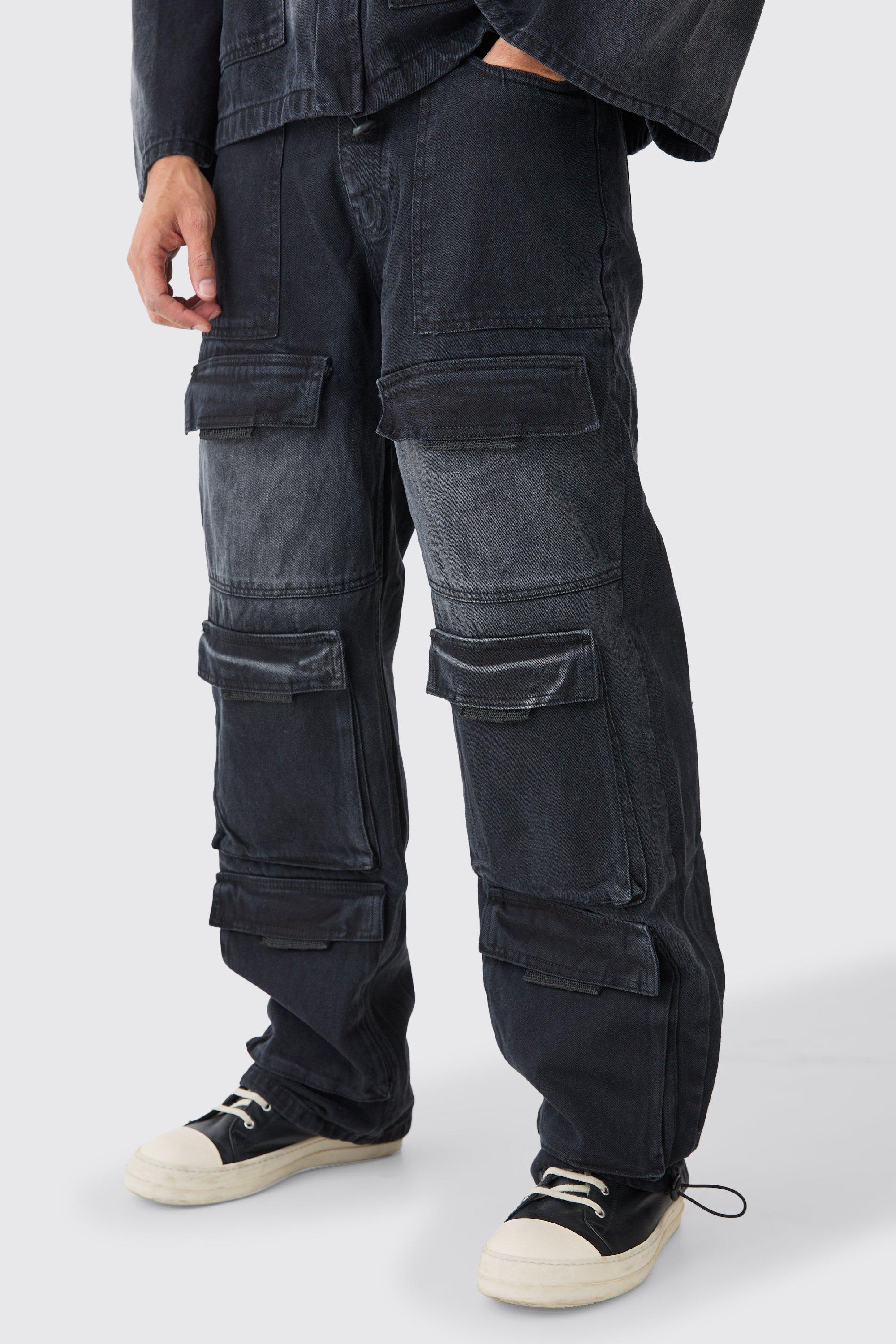 Mens Black Baggy Rigid Multi Pocket Cargo Jeans, Black