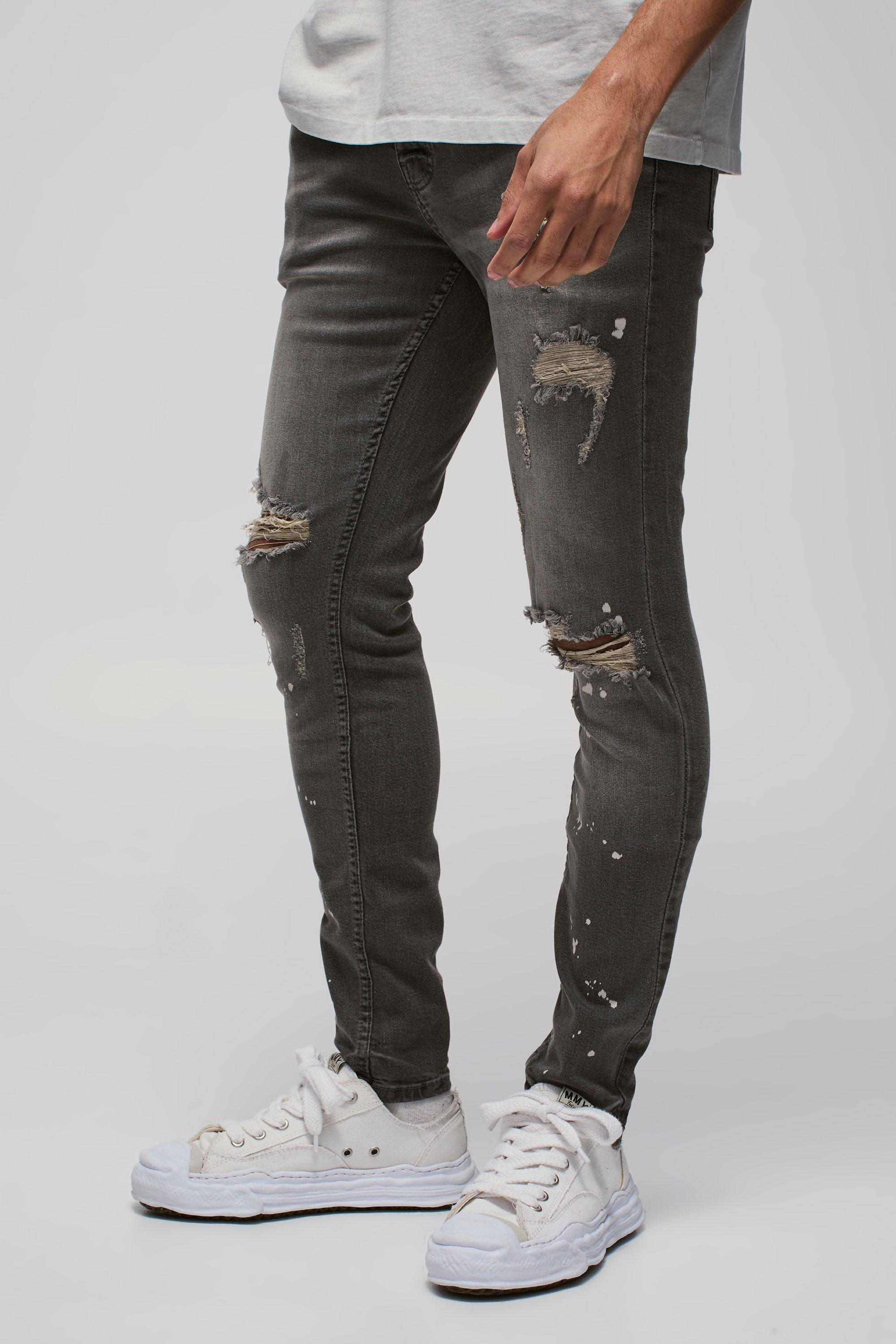 Mens Grey Skinny Stretch Bleached Ripped Knee Jeans, Grey