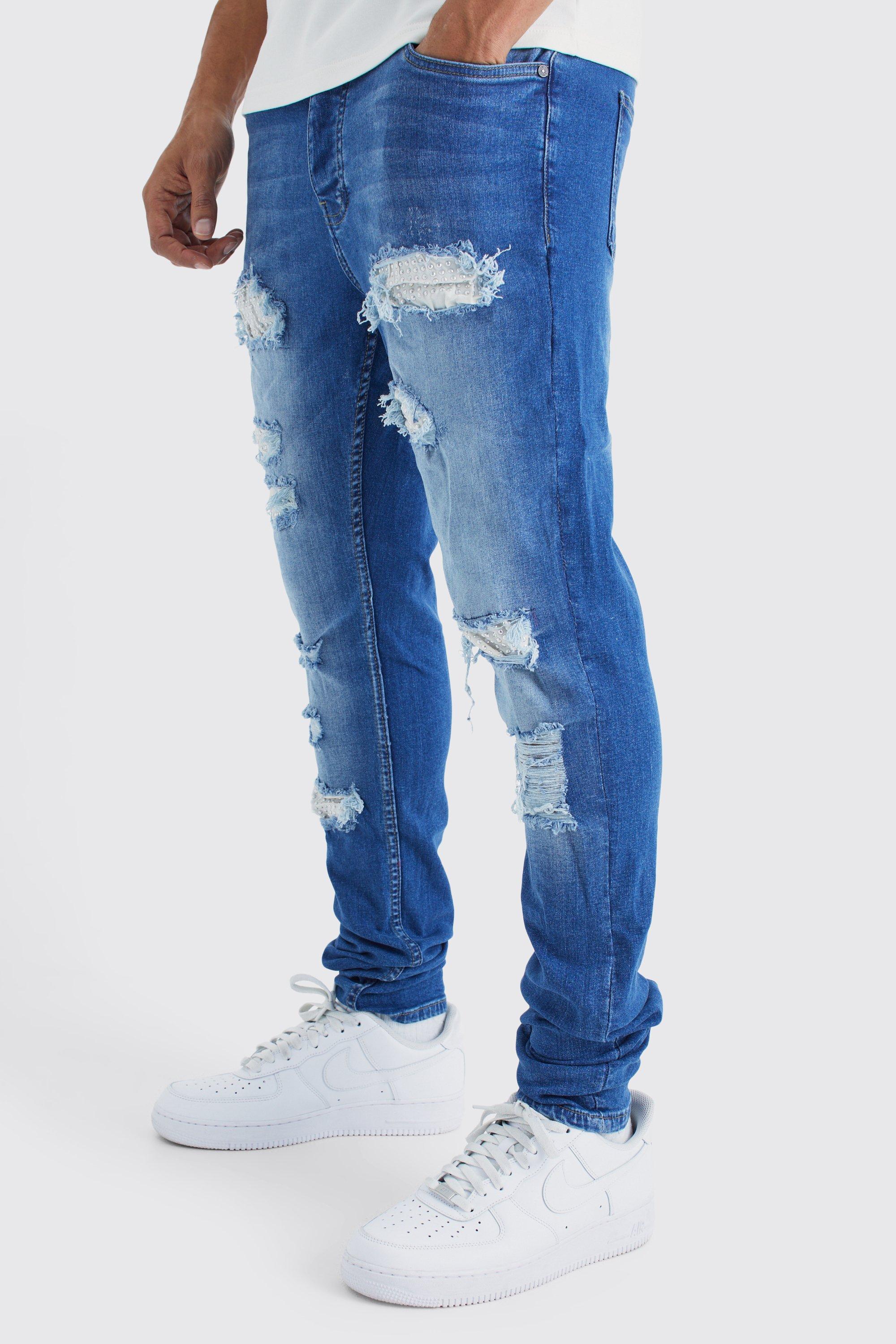 Mens Blue Skinny Stretch Stacked Rhinestone Ripped Jeans, Blue