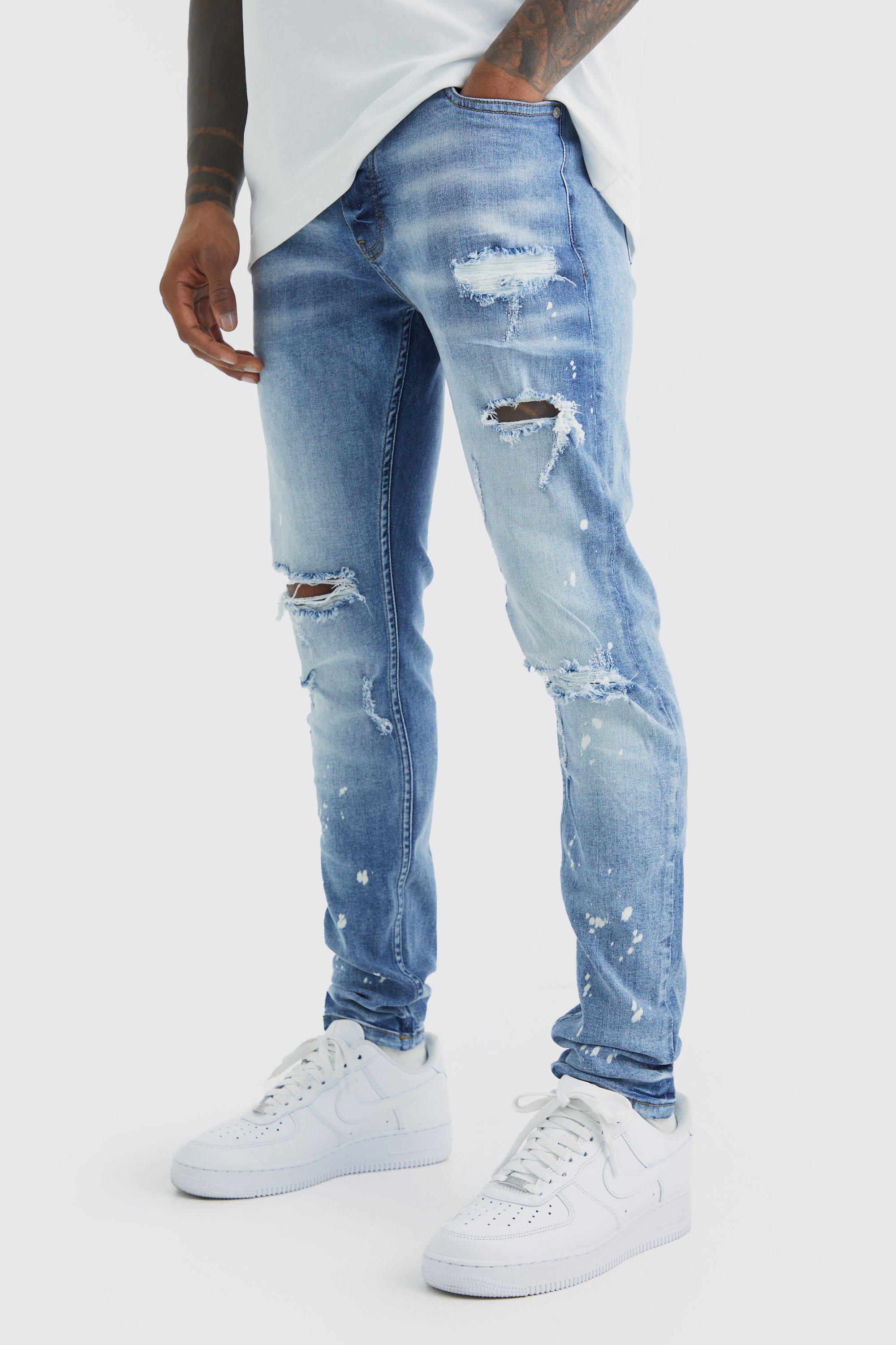 Mens Blue Skinny Stretch Bleached Ripped Knee Jeans, Blue